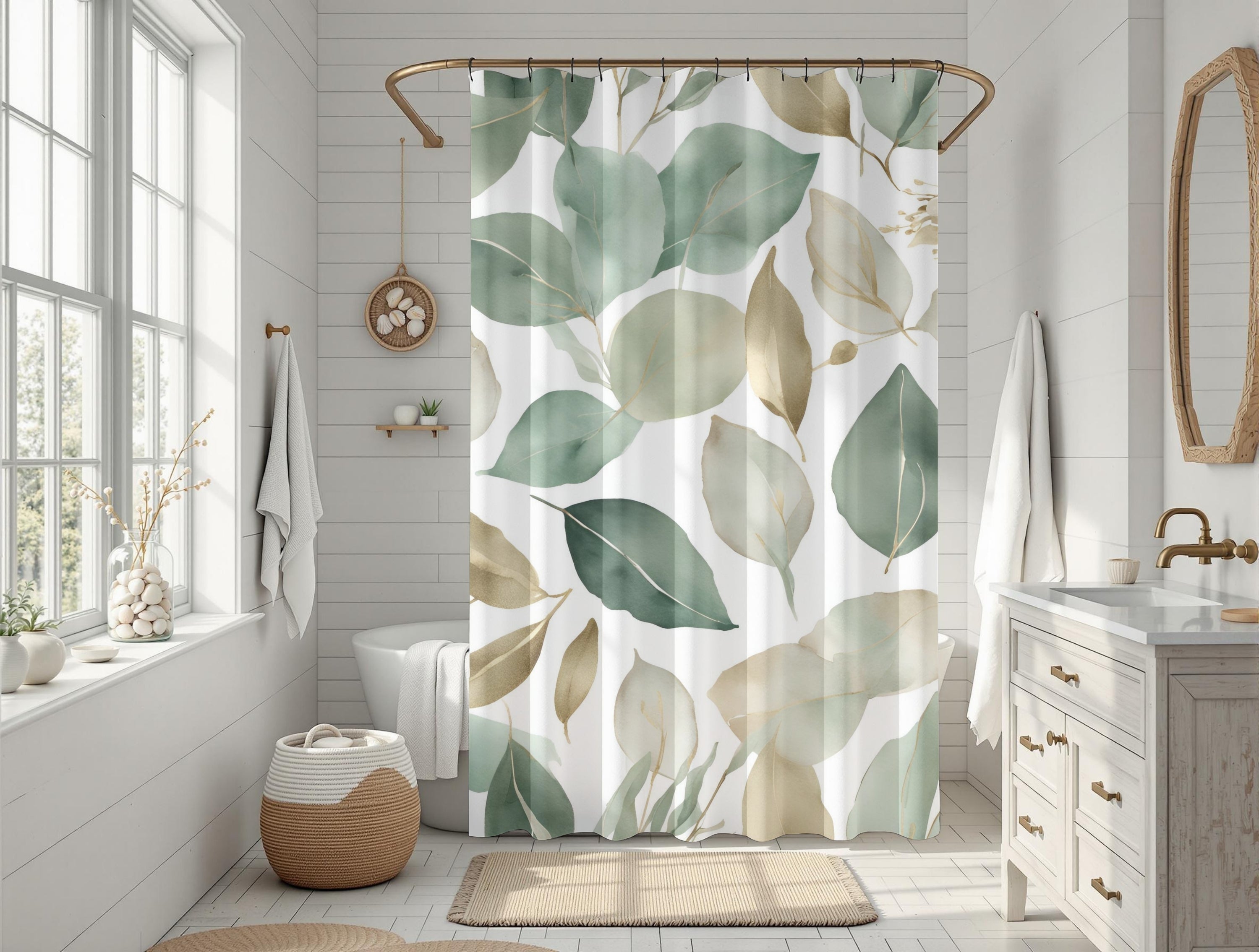 Abstract Shower Curtain | Floral Sage Green White Leaves