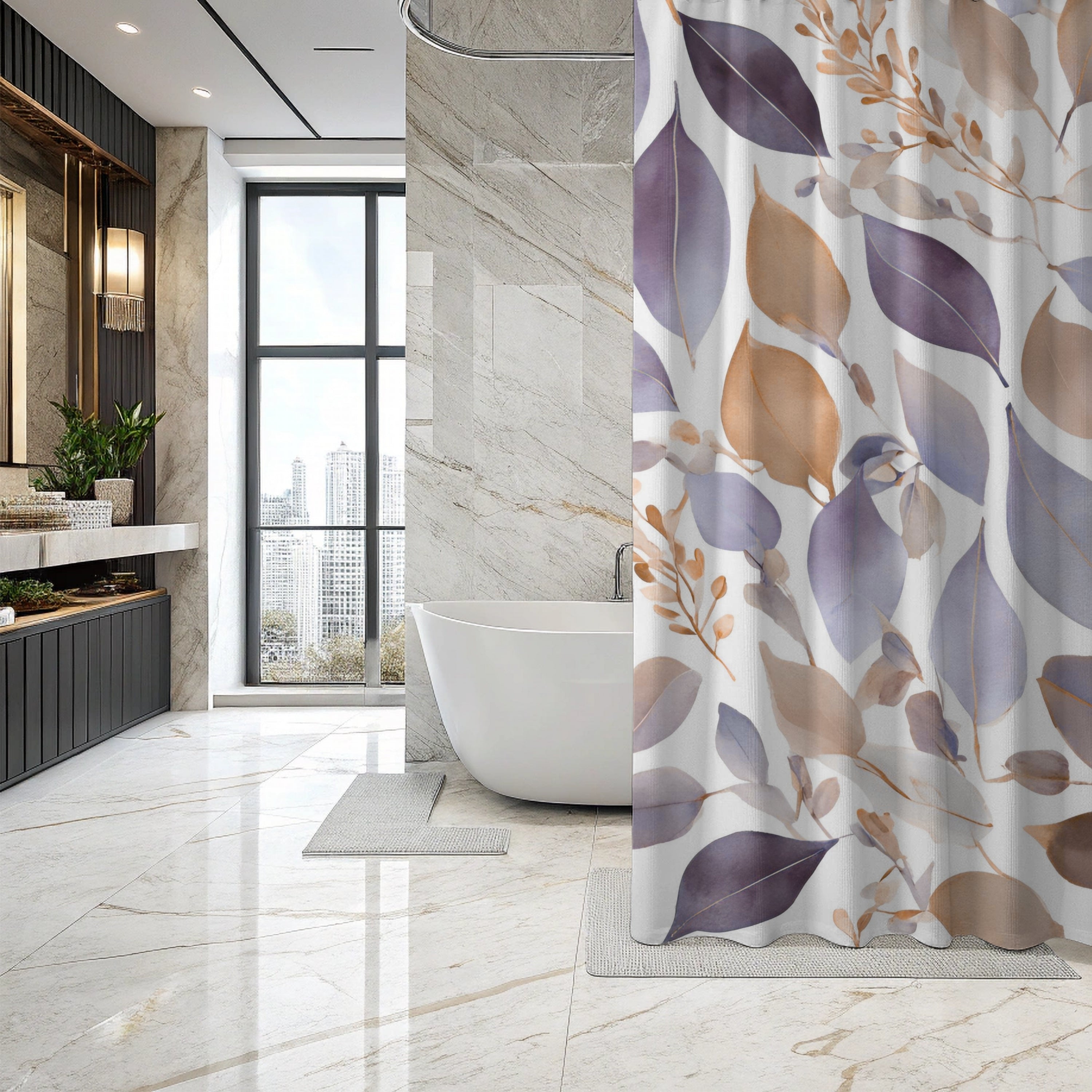 Abstract Shower Curtain | Floral Lavender Purple Beige White Leaves