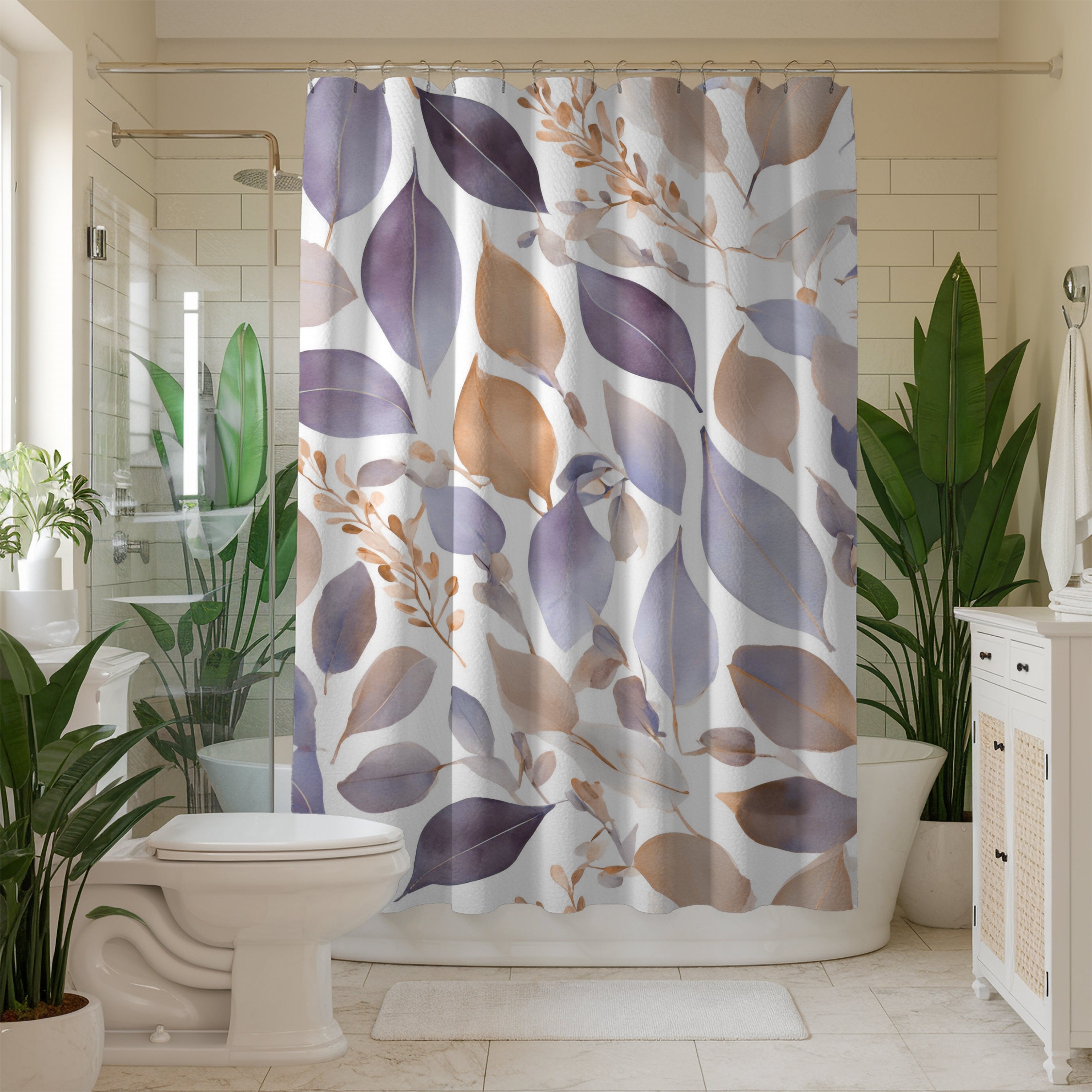 Abstract Shower Curtain | Floral Lavender Purple Beige White Leaves