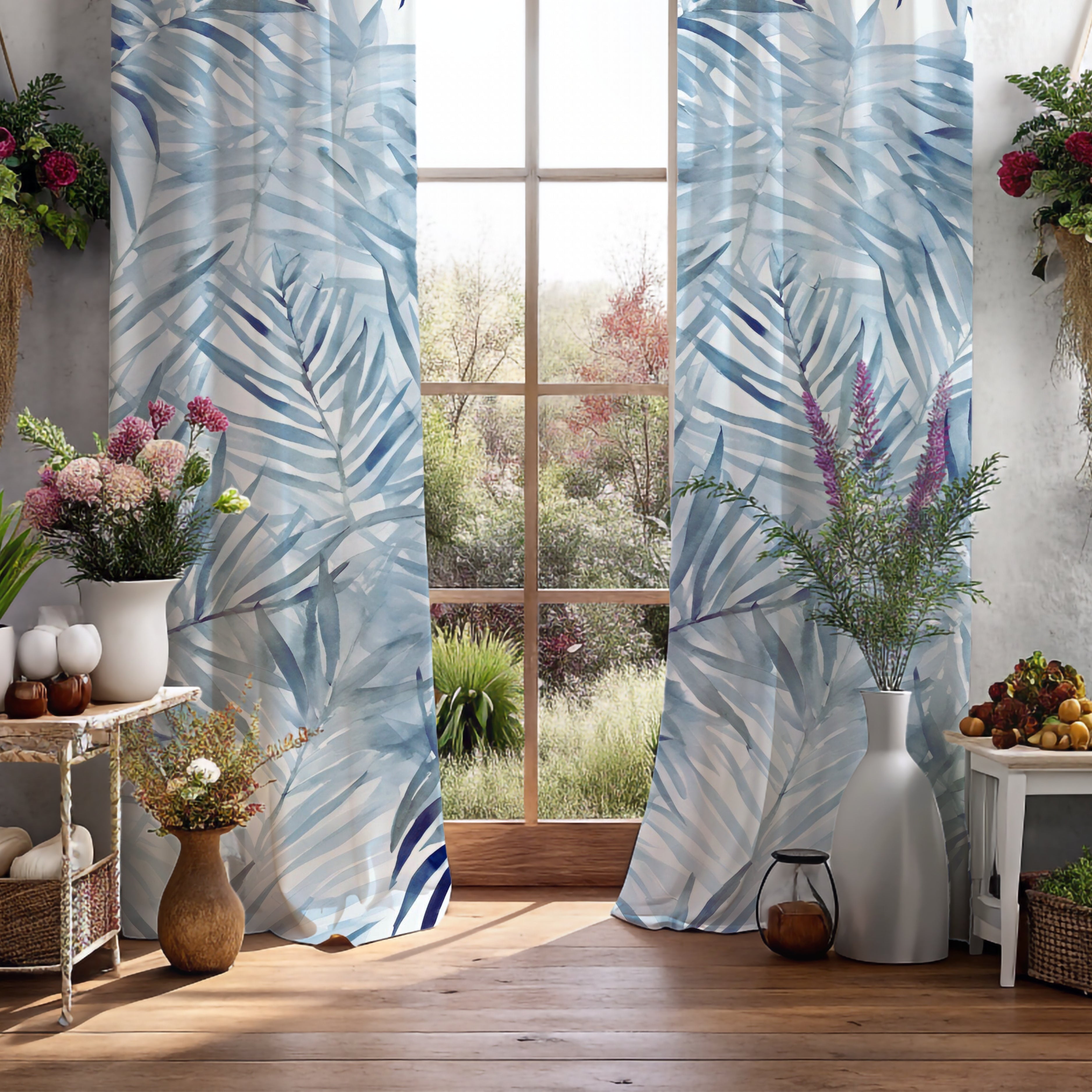 Window Curtains | Pale Blue Leaves Watercolor, 50 X 84 Inches, Bedroom, Living Room Kitchen Blackout, Sheer