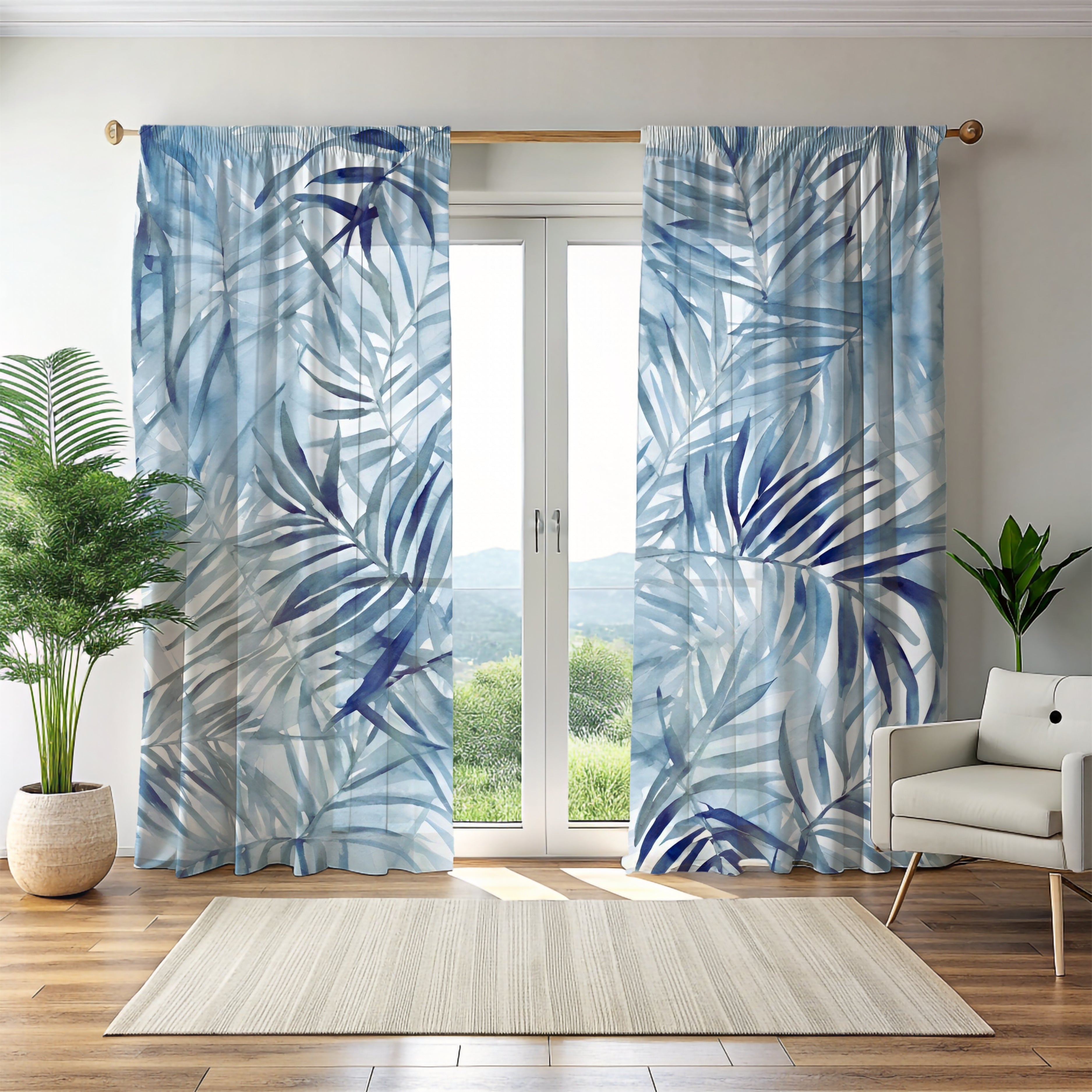 Window Curtains | Pale Blue Leaves Watercolor, 50 X 84 Inches, Bedroom, Living Room Kitchen Blackout, Sheer