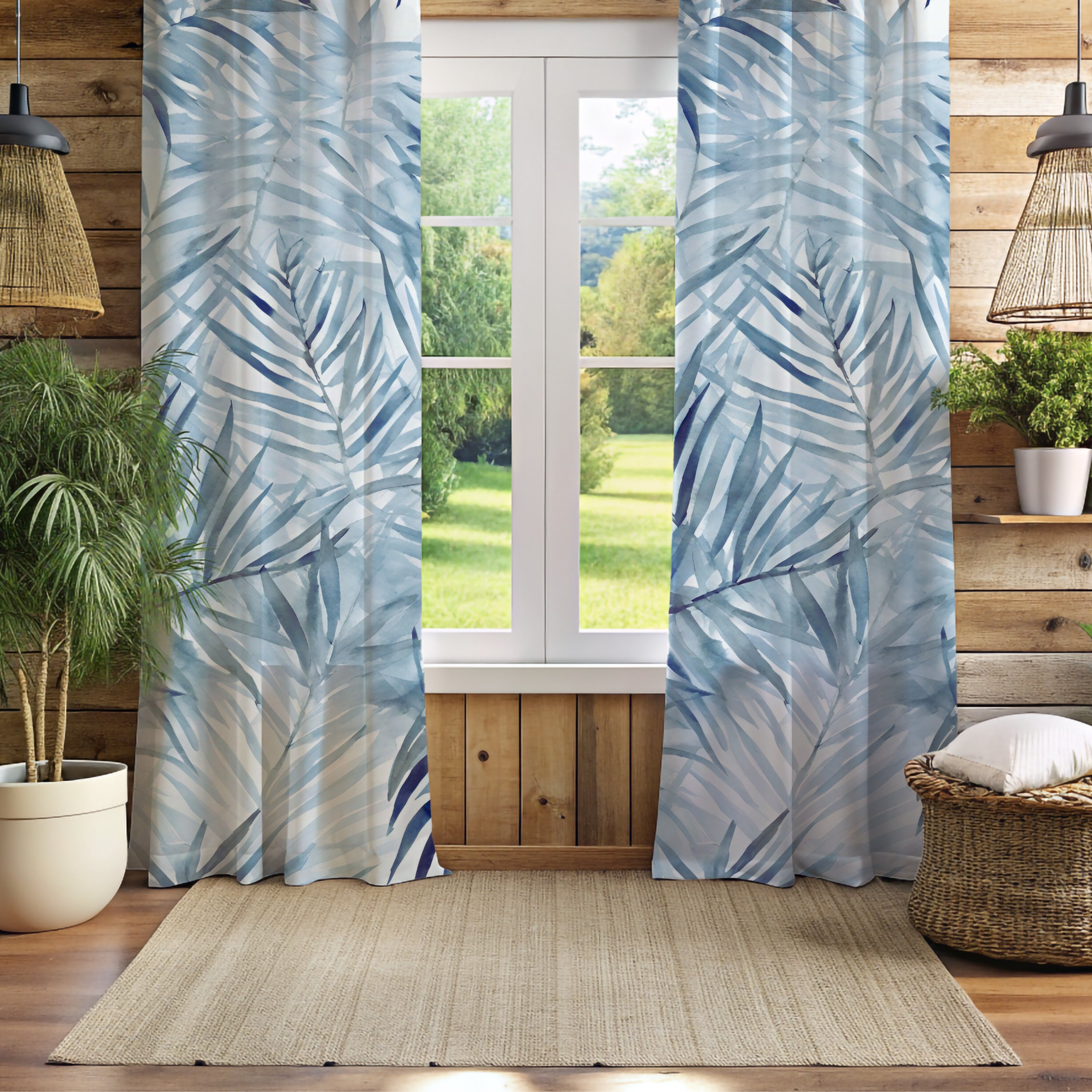 Window Curtains | Pale Blue Leaves Watercolor, 50 X 84 Inches, Bedroom, Living Room Kitchen Blackout, Sheer