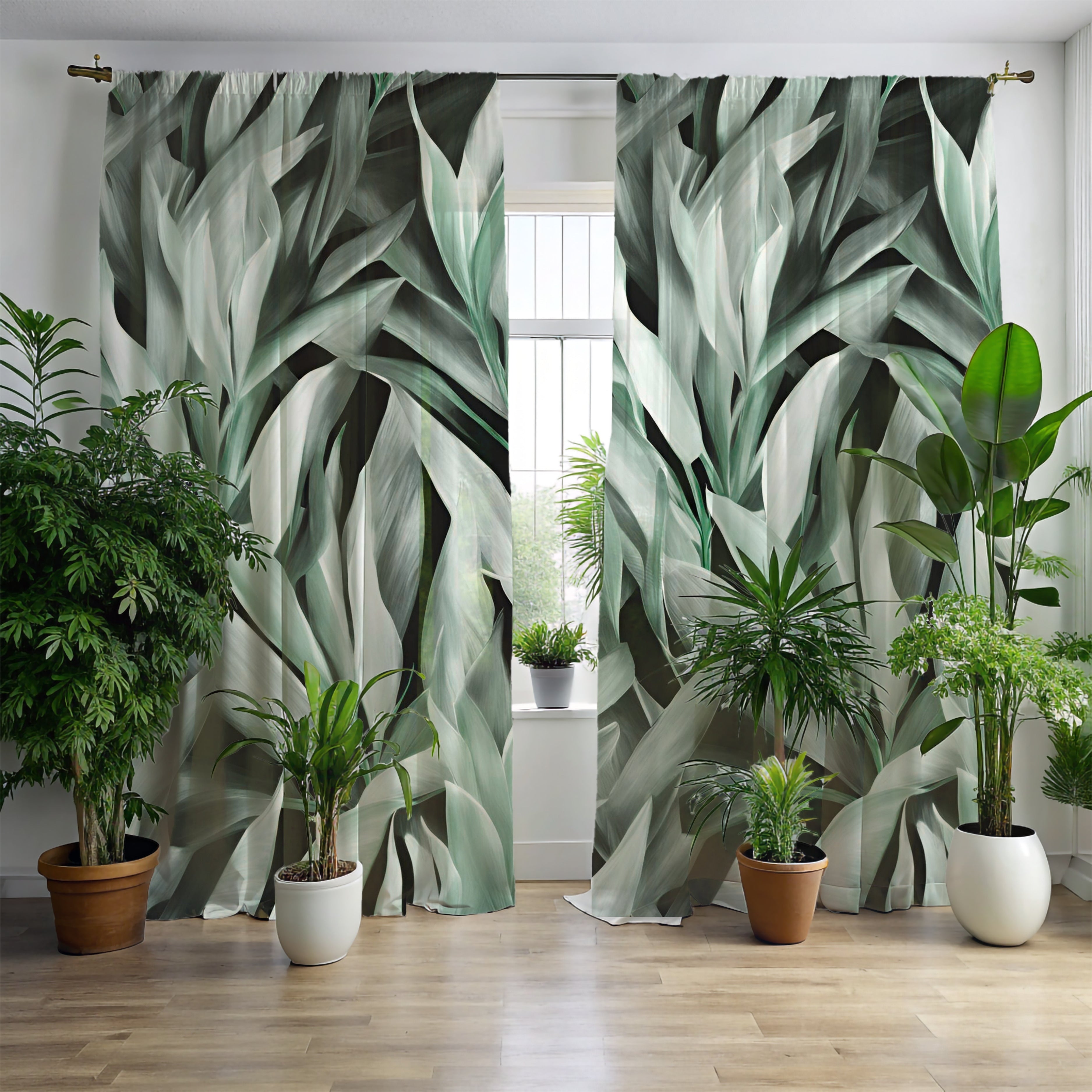 Window Curtains | Green Grey White Leaves Watercolor, 50 X 84 Inches, Bedroom, Living Room Kitchen Blackout, Sheer