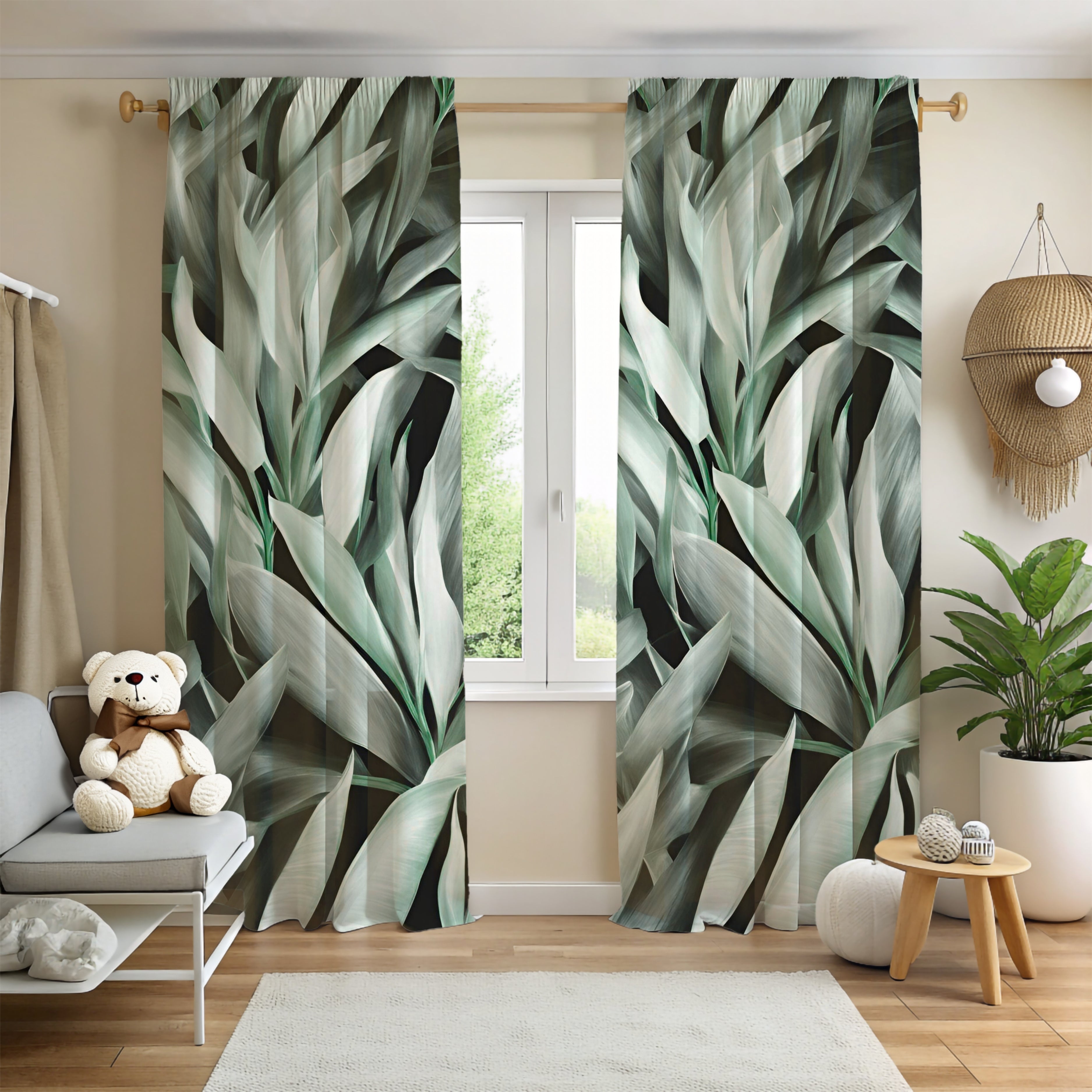 Window Curtains | Green Grey White Leaves Watercolor, 50 X 84 Inches, Bedroom, Living Room Kitchen Blackout, Sheer