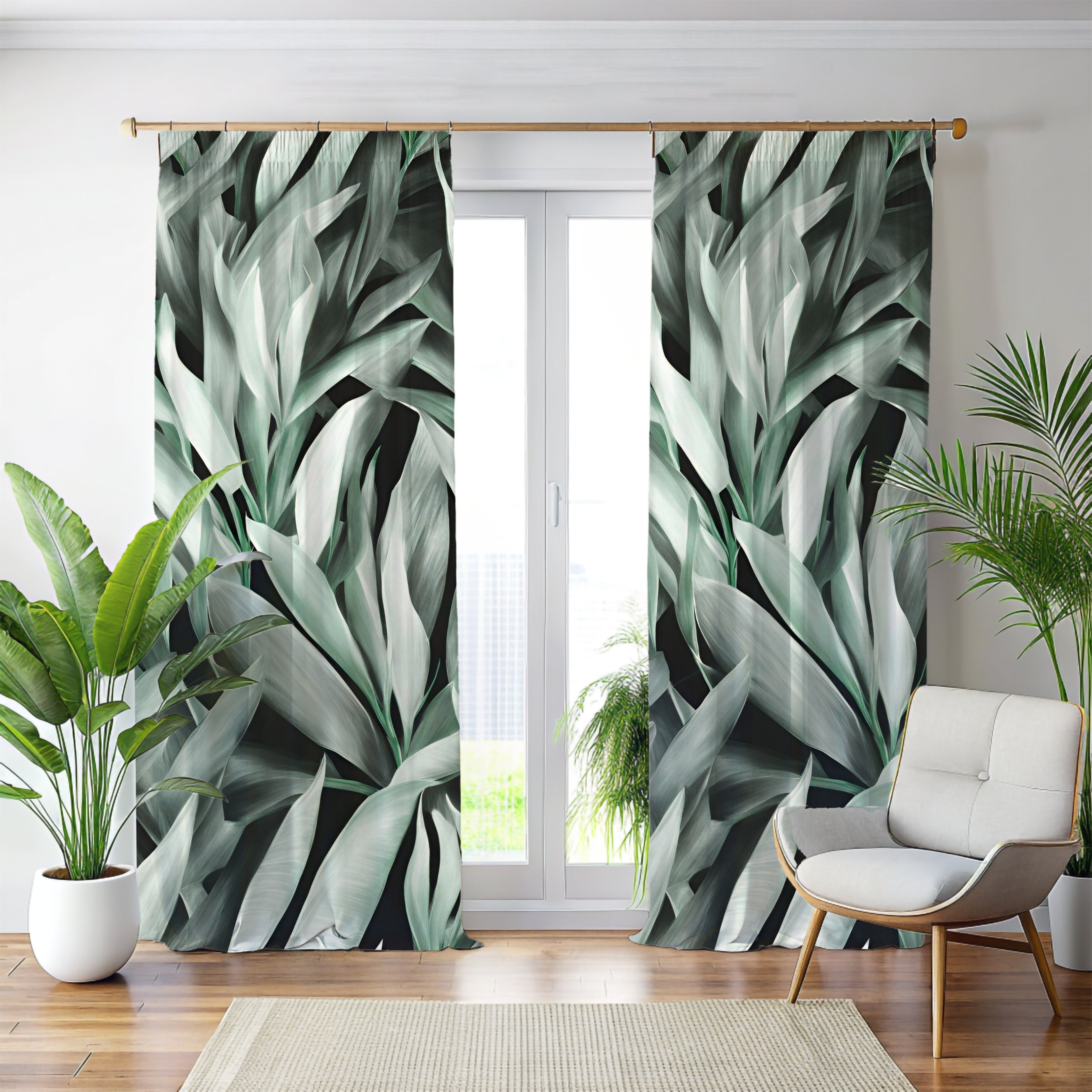Window Curtains | Green Grey White Leaves Watercolor, 50 X 84 Inches, Bedroom, Living Room Kitchen Blackout, Sheer
