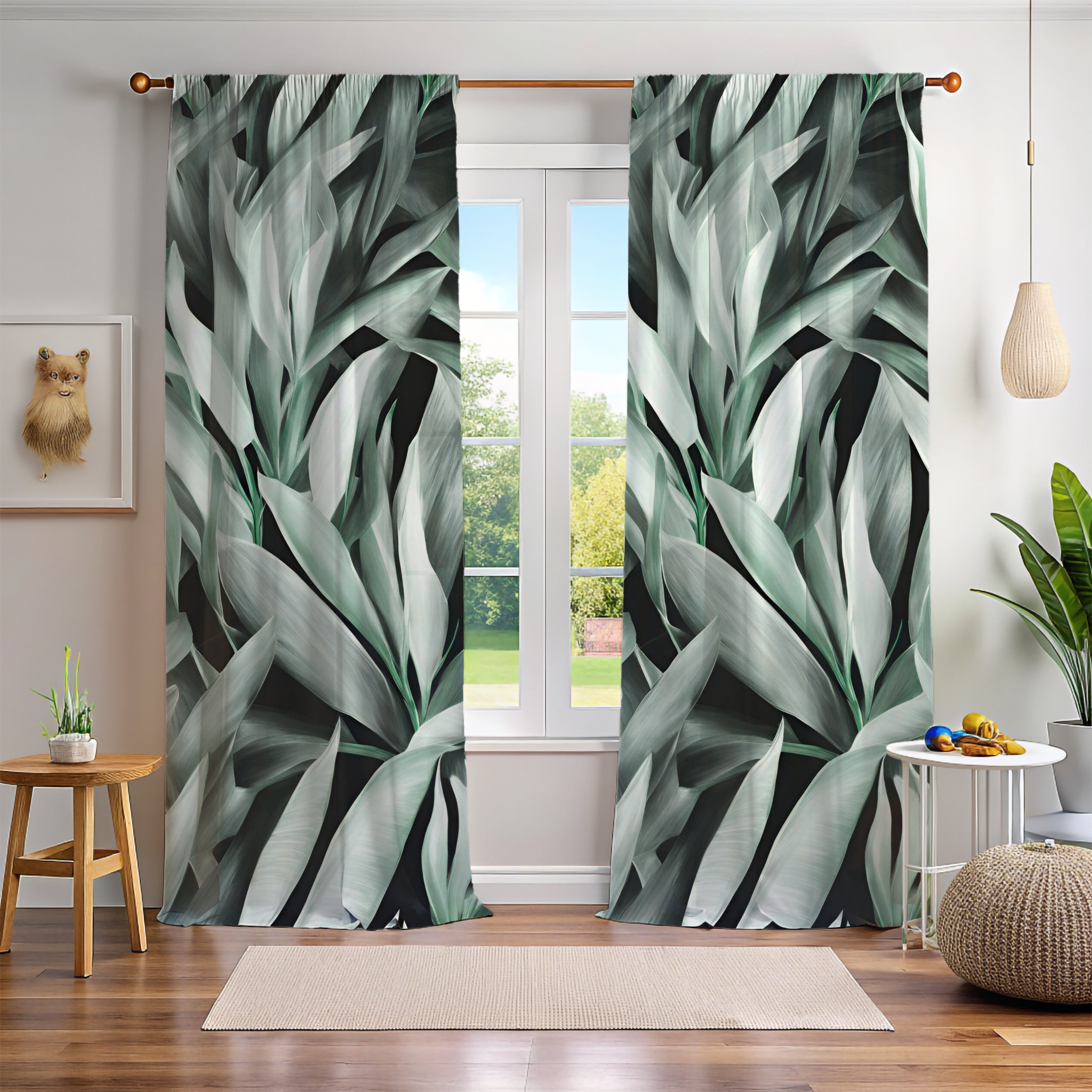 Window Curtains | Green Grey White Leaves Watercolor, 50 X 84 Inches, Bedroom, Living Room Kitchen Blackout, Sheer
