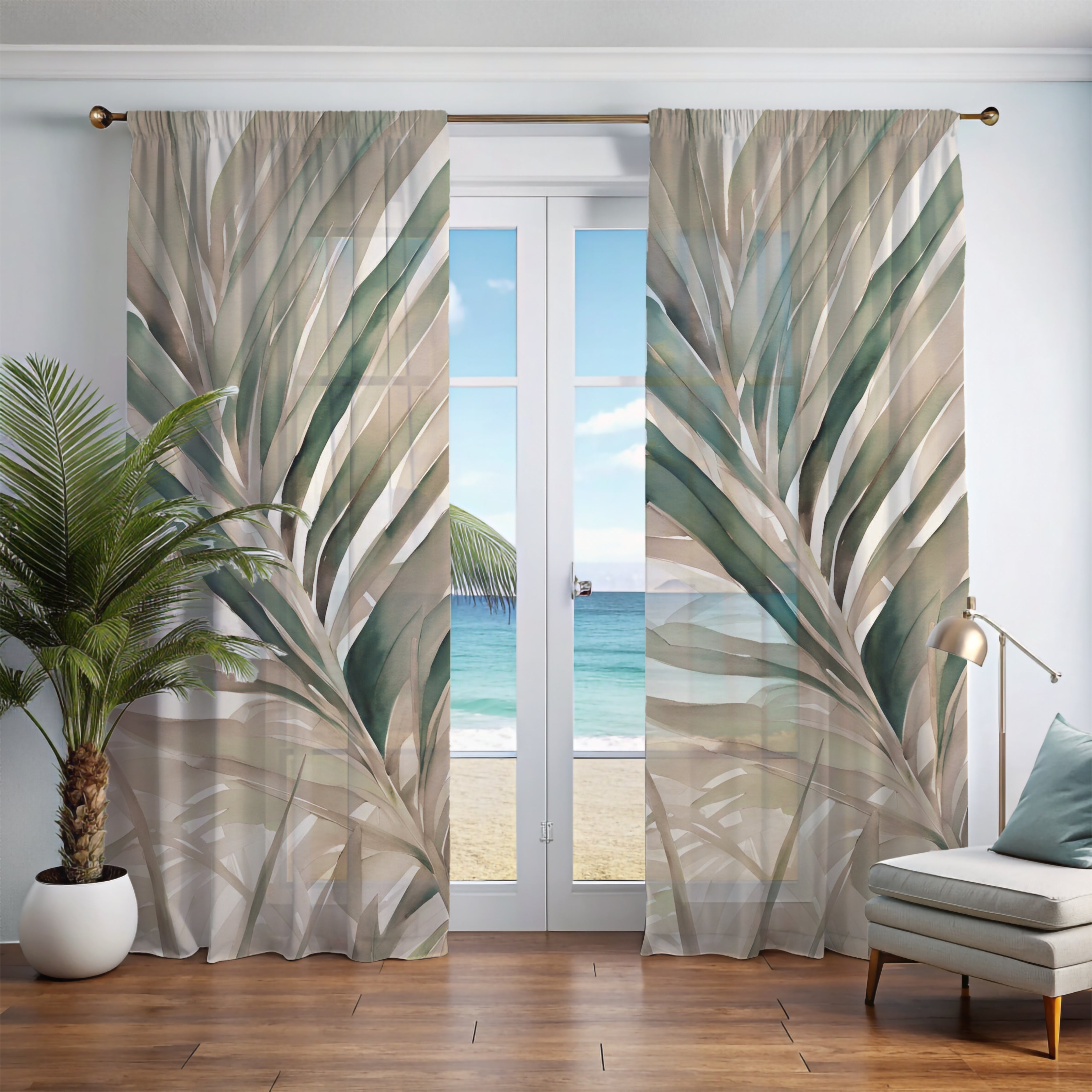 Window Curtains | Beige Green Leaves Watercolor, 50 X 84 Inches, Blackout, Sheer