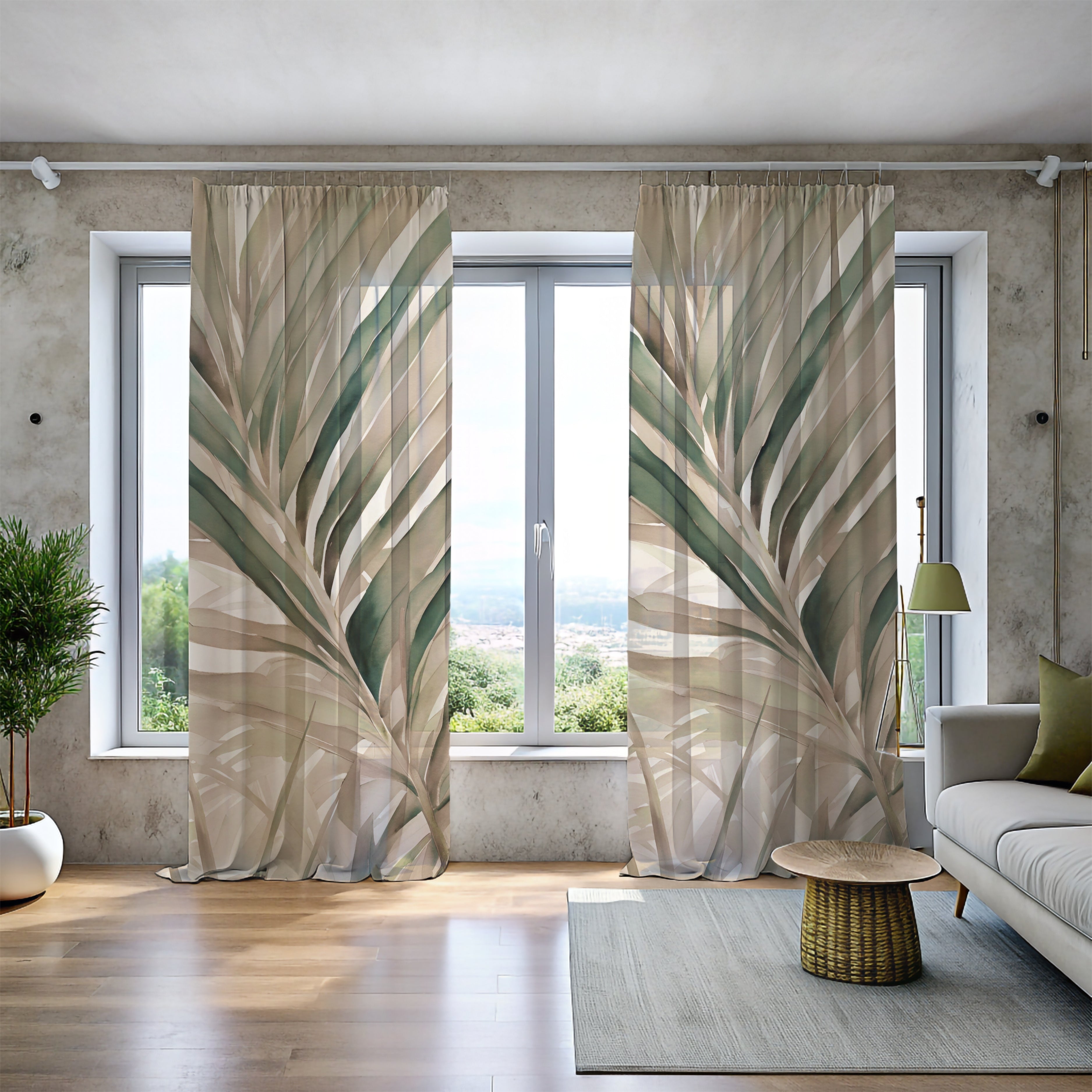 Window Curtains | Beige Green Leaves Watercolor, 50 X 84 Inches, Blackout, Sheer