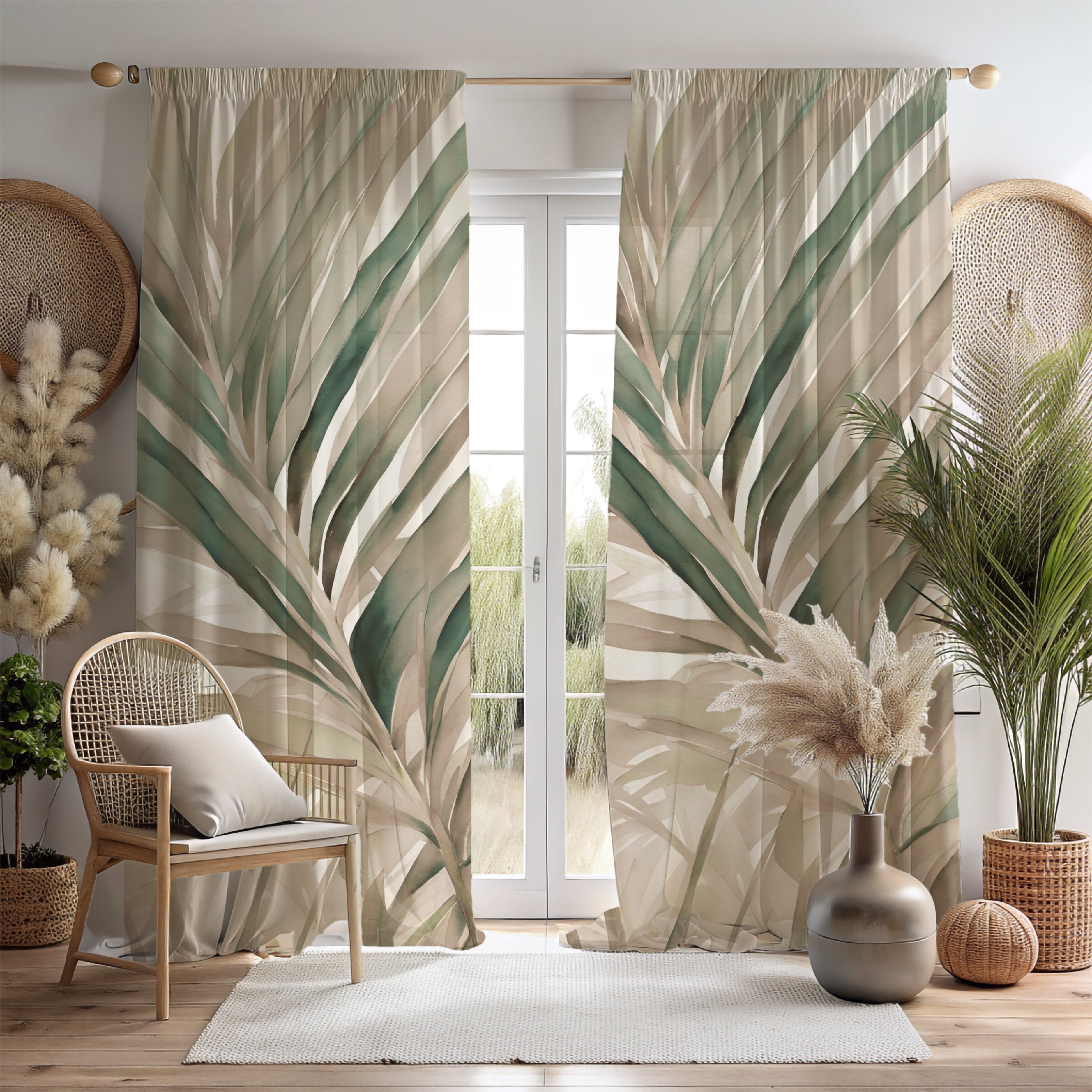 Window Curtains | Beige Green Leaves Watercolor, 50 X 84 Inches, Blackout, Sheer