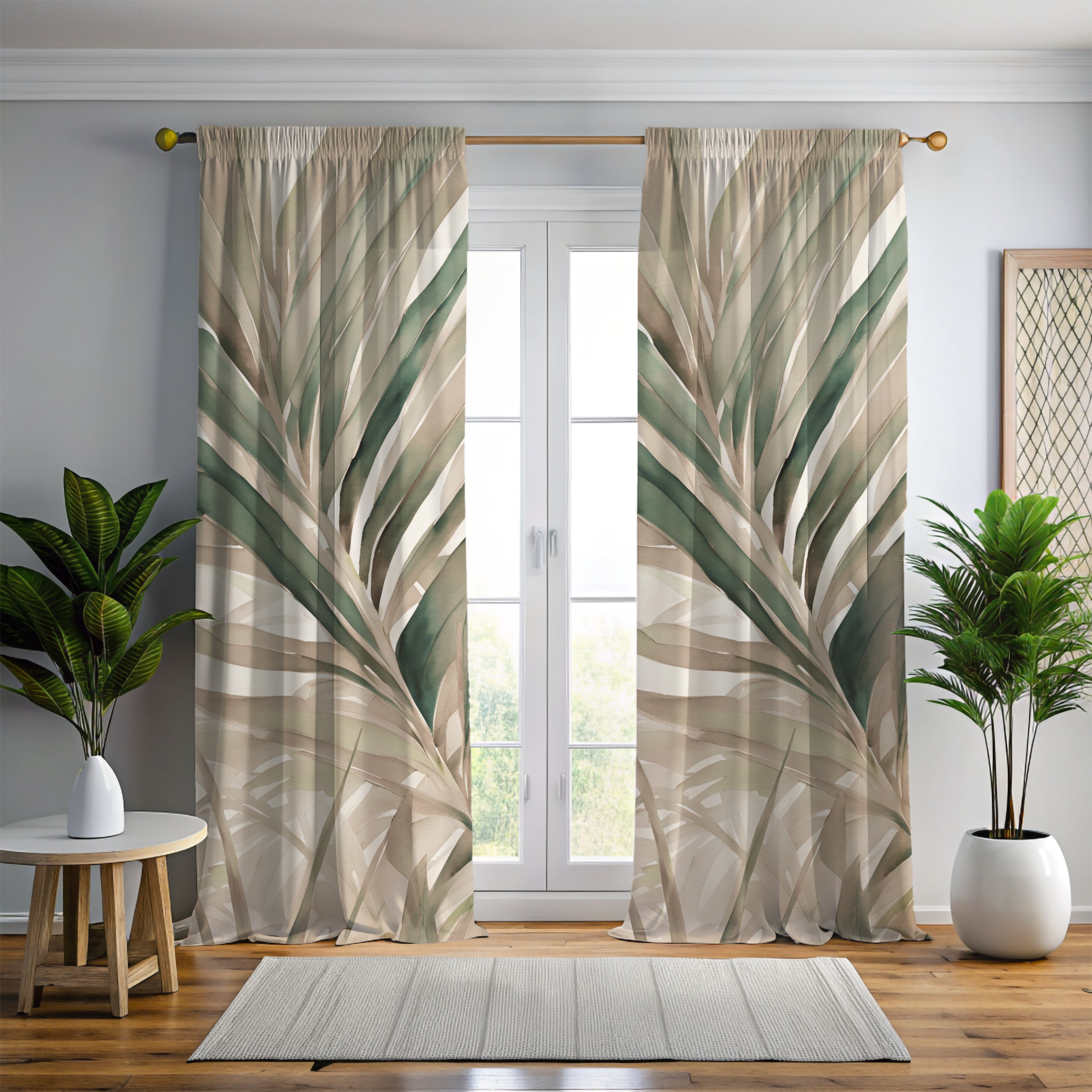 Window Curtains | Beige Green Leaves Watercolor, 50 X 84 Inches, Blackout, Sheer