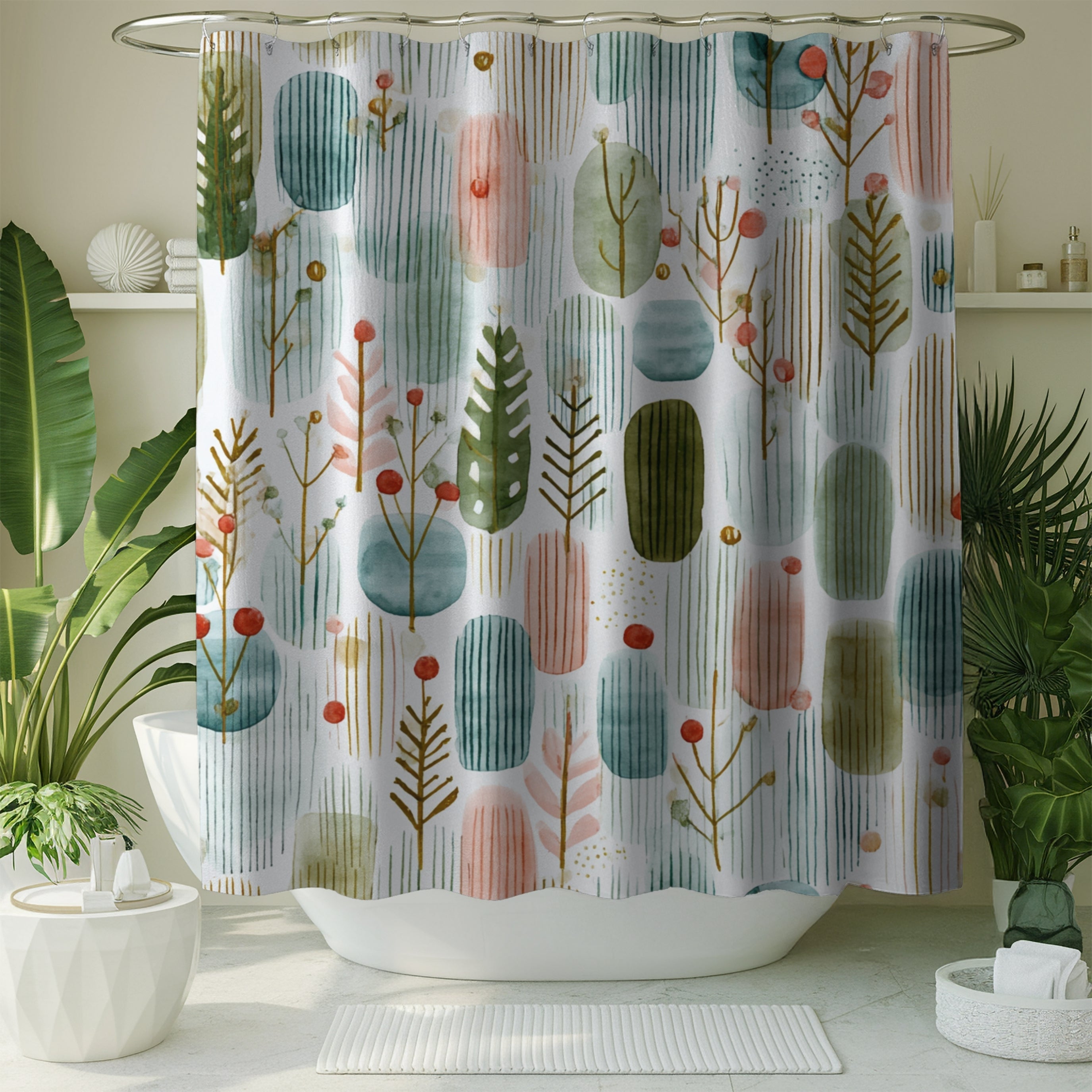 Boho Shower Curtain | Winter Watercolor Pastel Green White Leaves