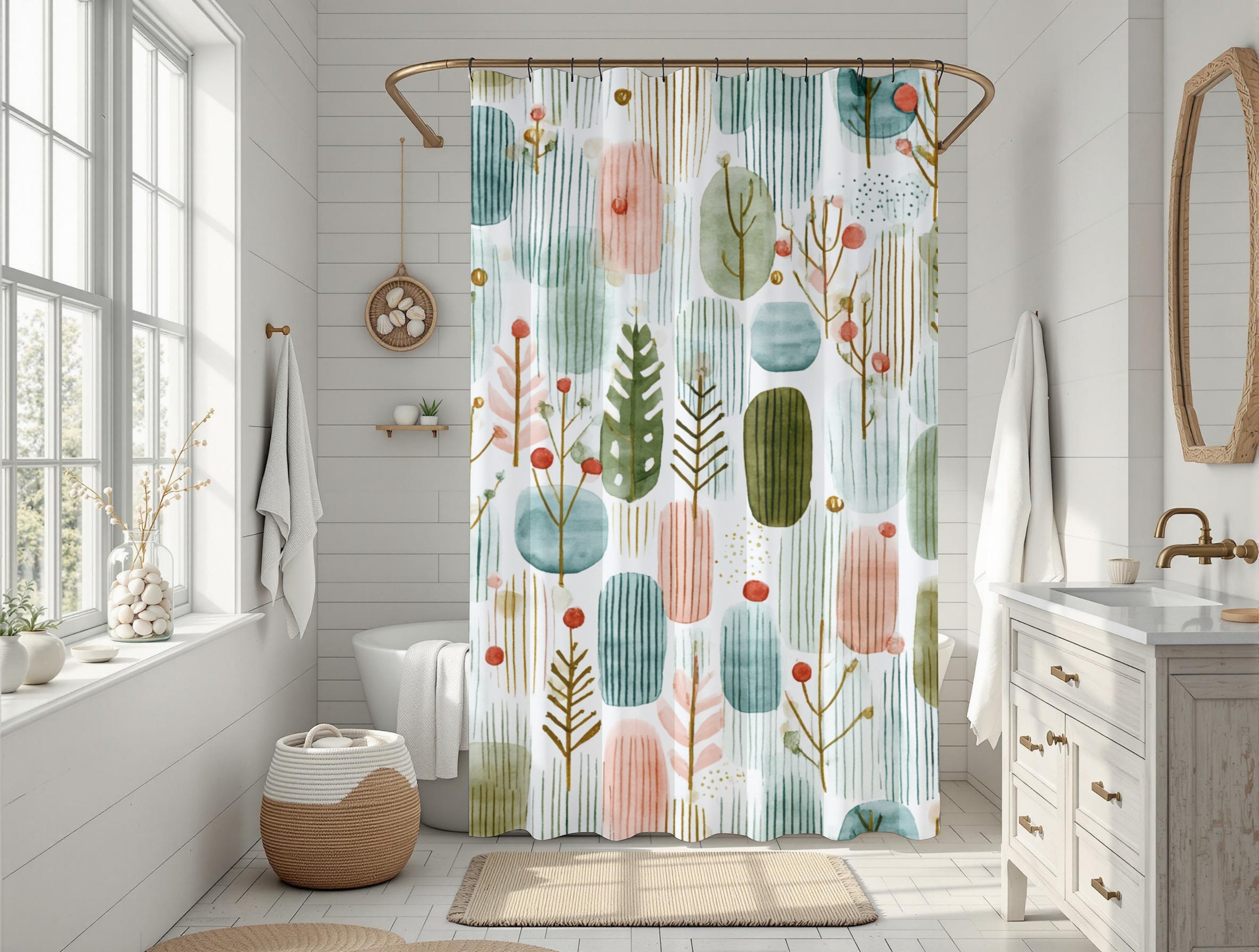 Boho Shower Curtain | Winter Watercolor Pastel Green White Leaves