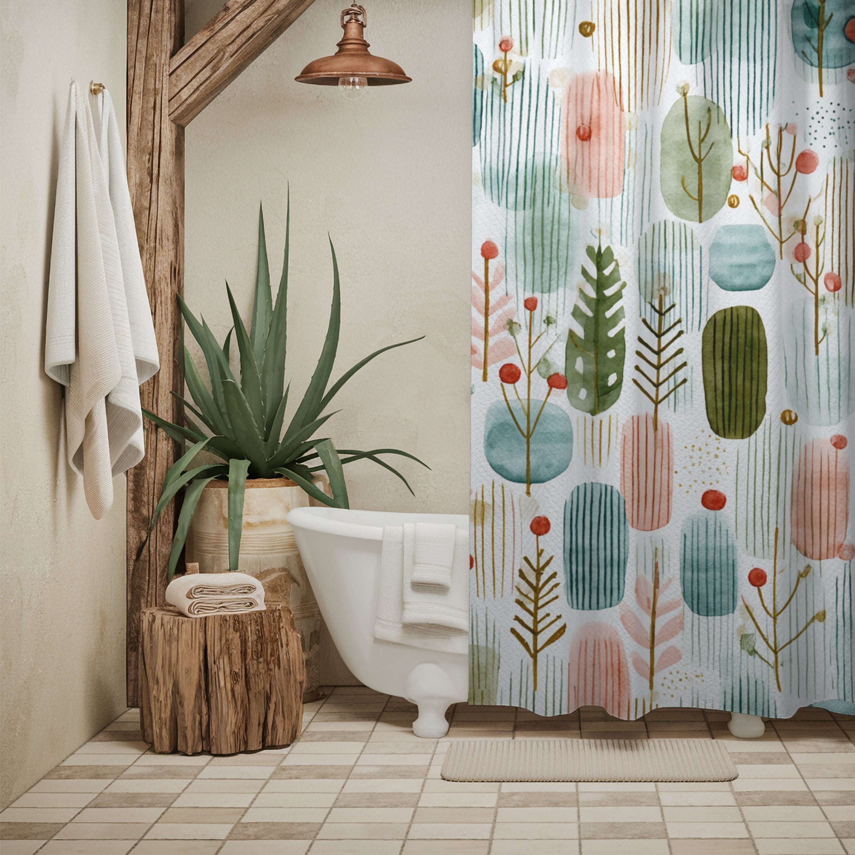 Boho Shower Curtain | Winter Watercolor Pastel Green White Leaves