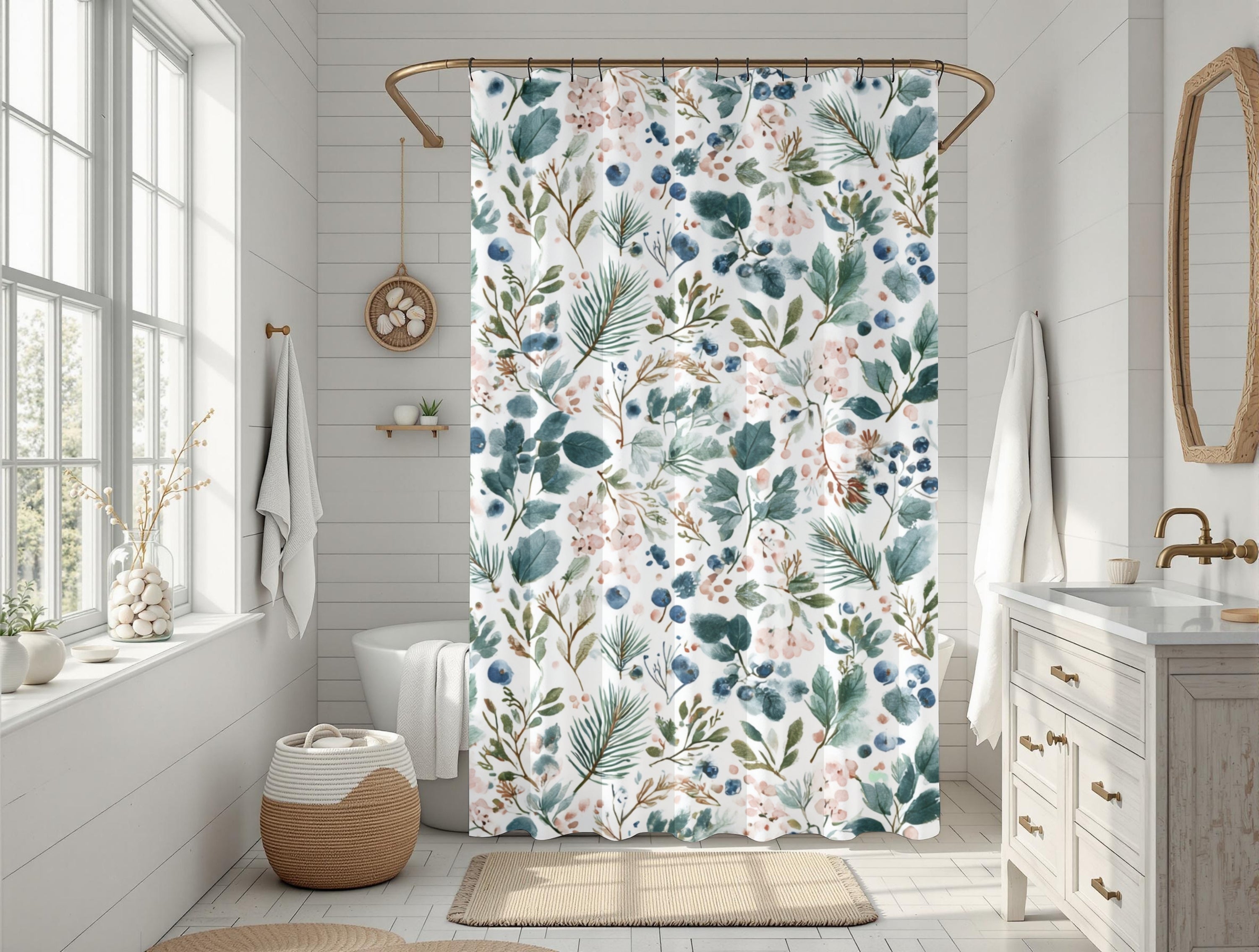 Boho Shower Curtain | Winter Watercolor Leaves