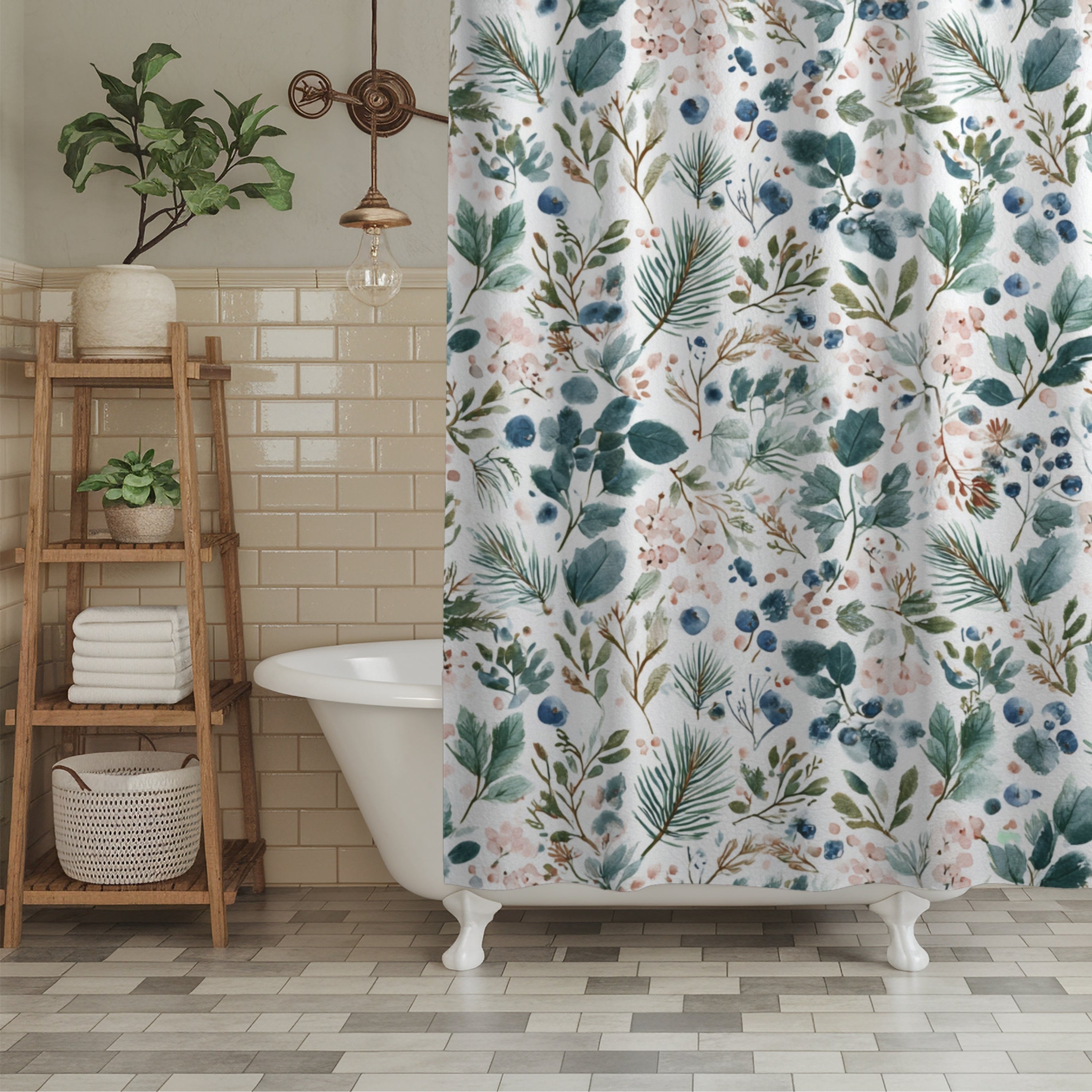 Boho Shower Curtain | Winter Watercolor Leaves