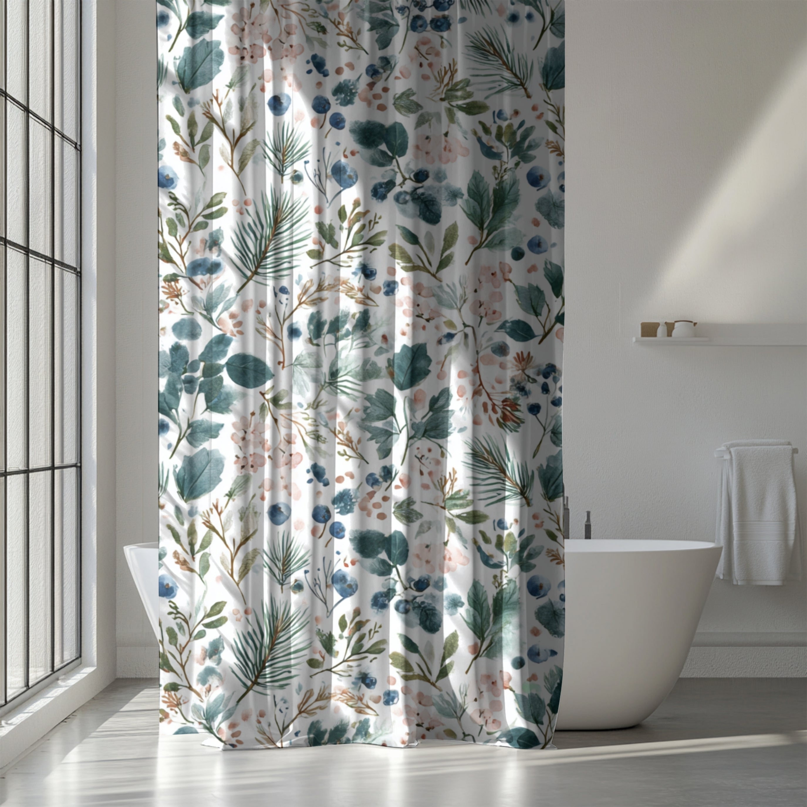 Boho Shower Curtain | Winter Watercolor Leaves