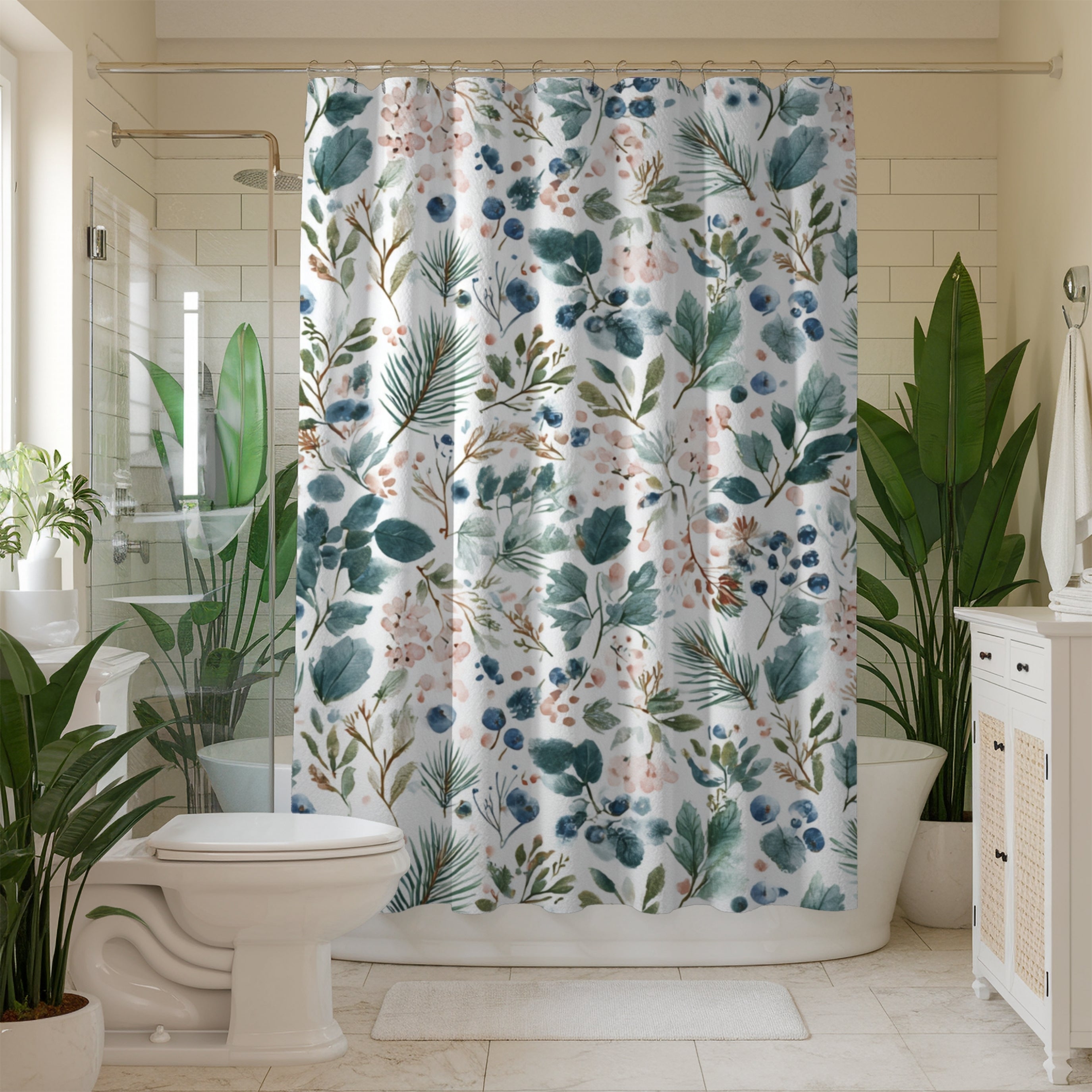 Boho Shower Curtain | Winter Watercolor Leaves