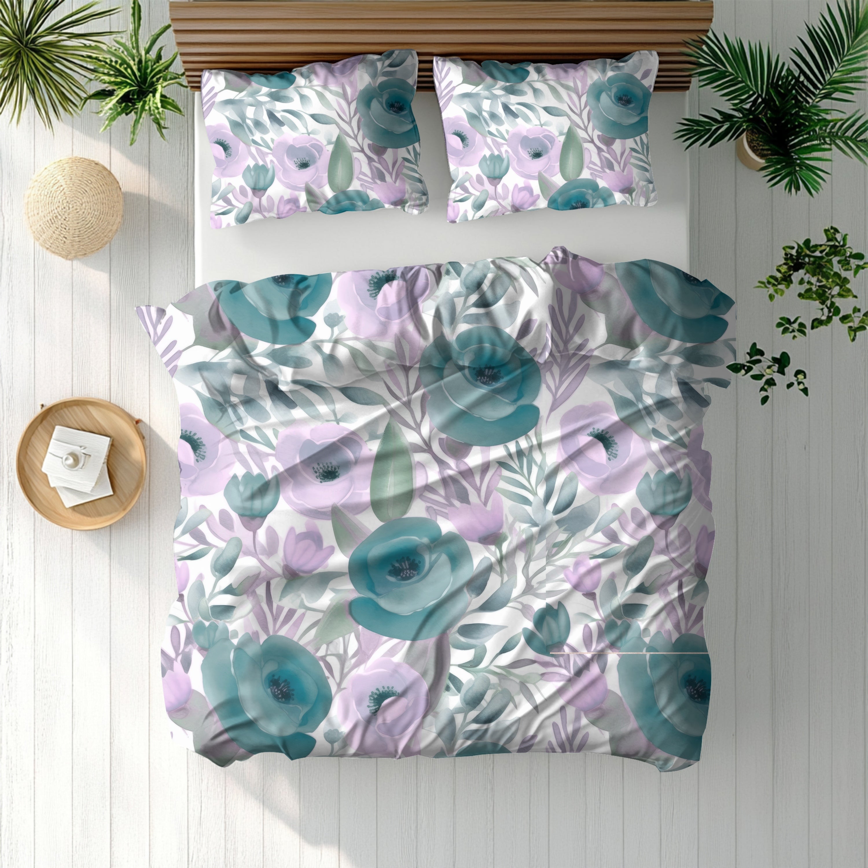 Abstract Floral Duvet, Pillow Cover | Lavender Teal Green Bedroom Decor