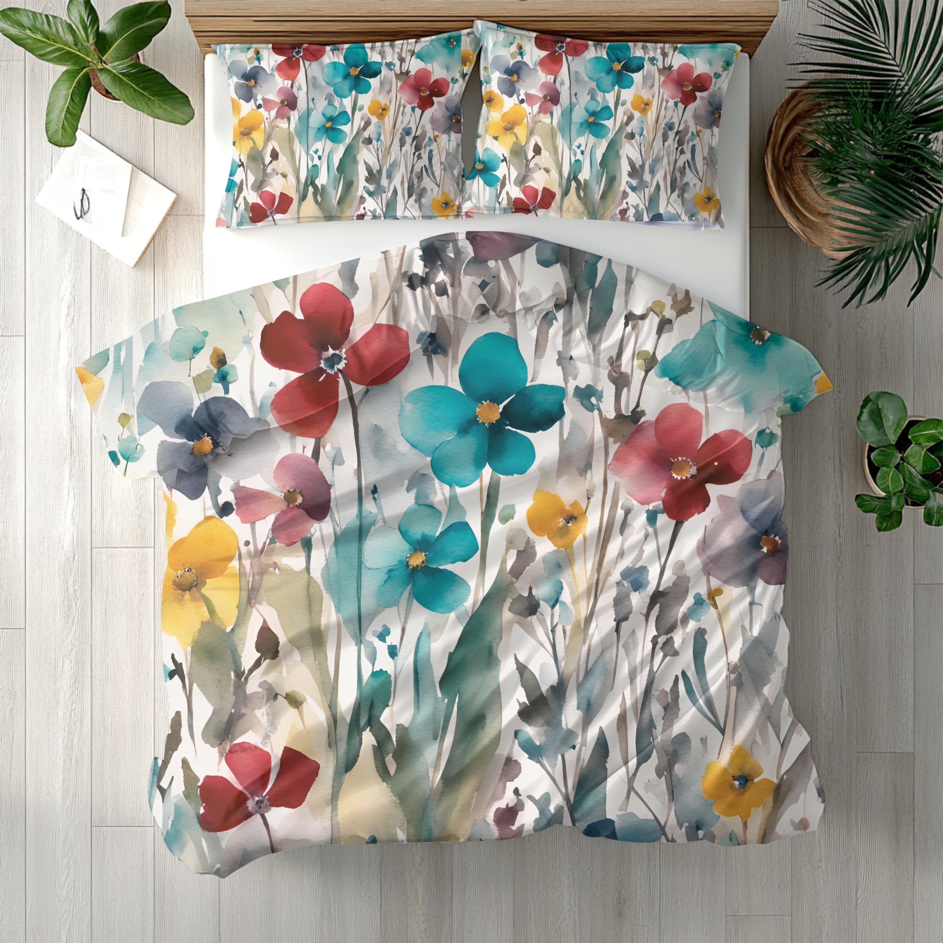 Floral Watercolor Duvet, Pillow Cover | Colorful Wildflowers Bedroom Decor