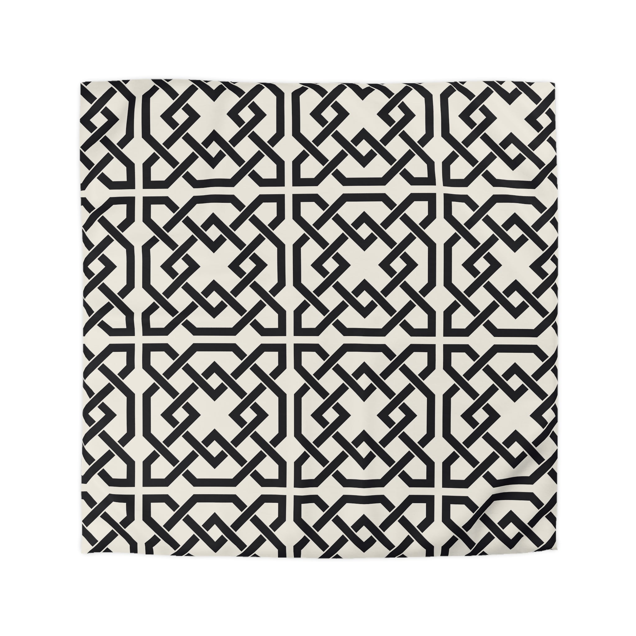 a square with a repeating geometric pattern of interlocking black and white lines, creating a visually striking and symmetrical design.