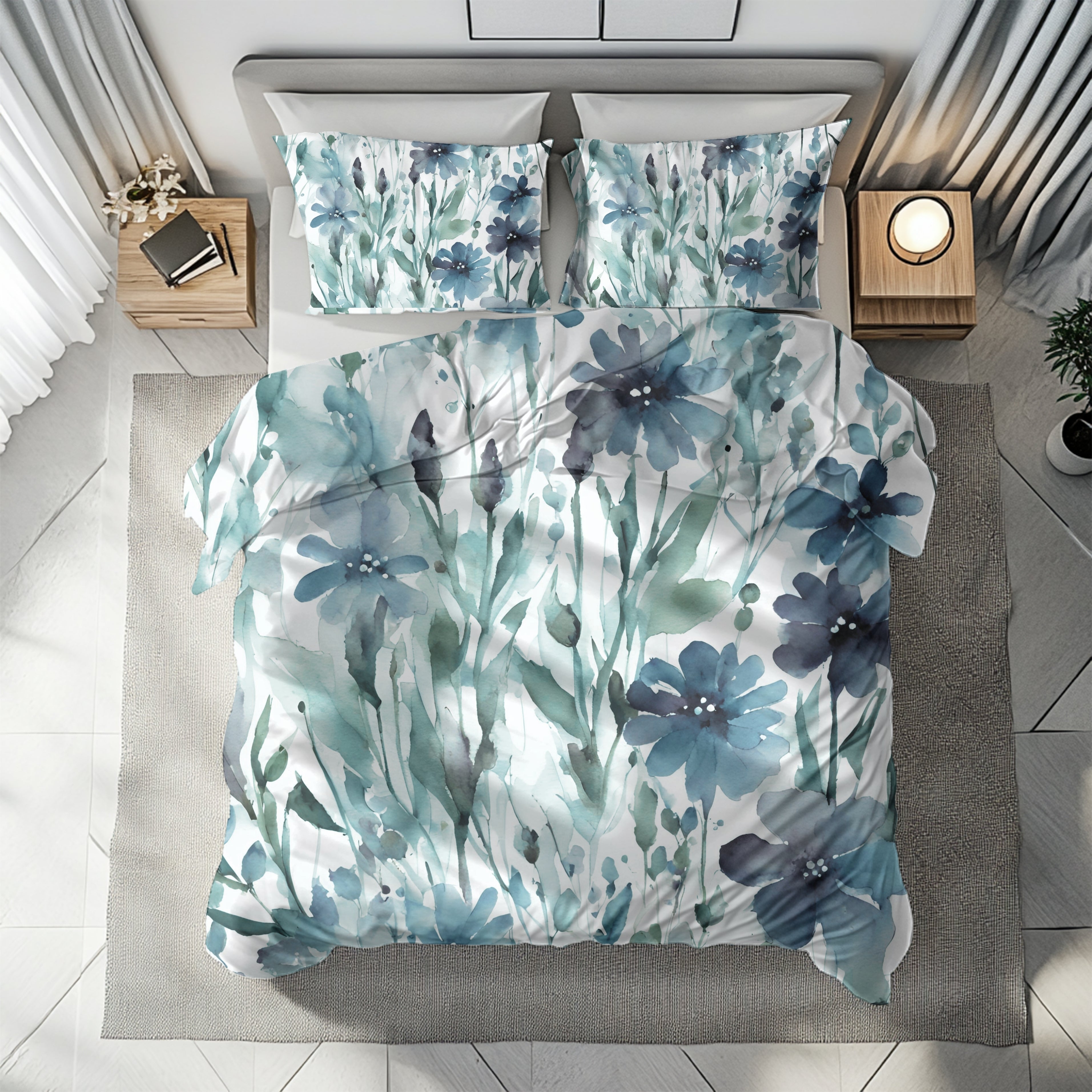Blue, green and white wildflower floral duvet cover styled with neutral bedroom decor