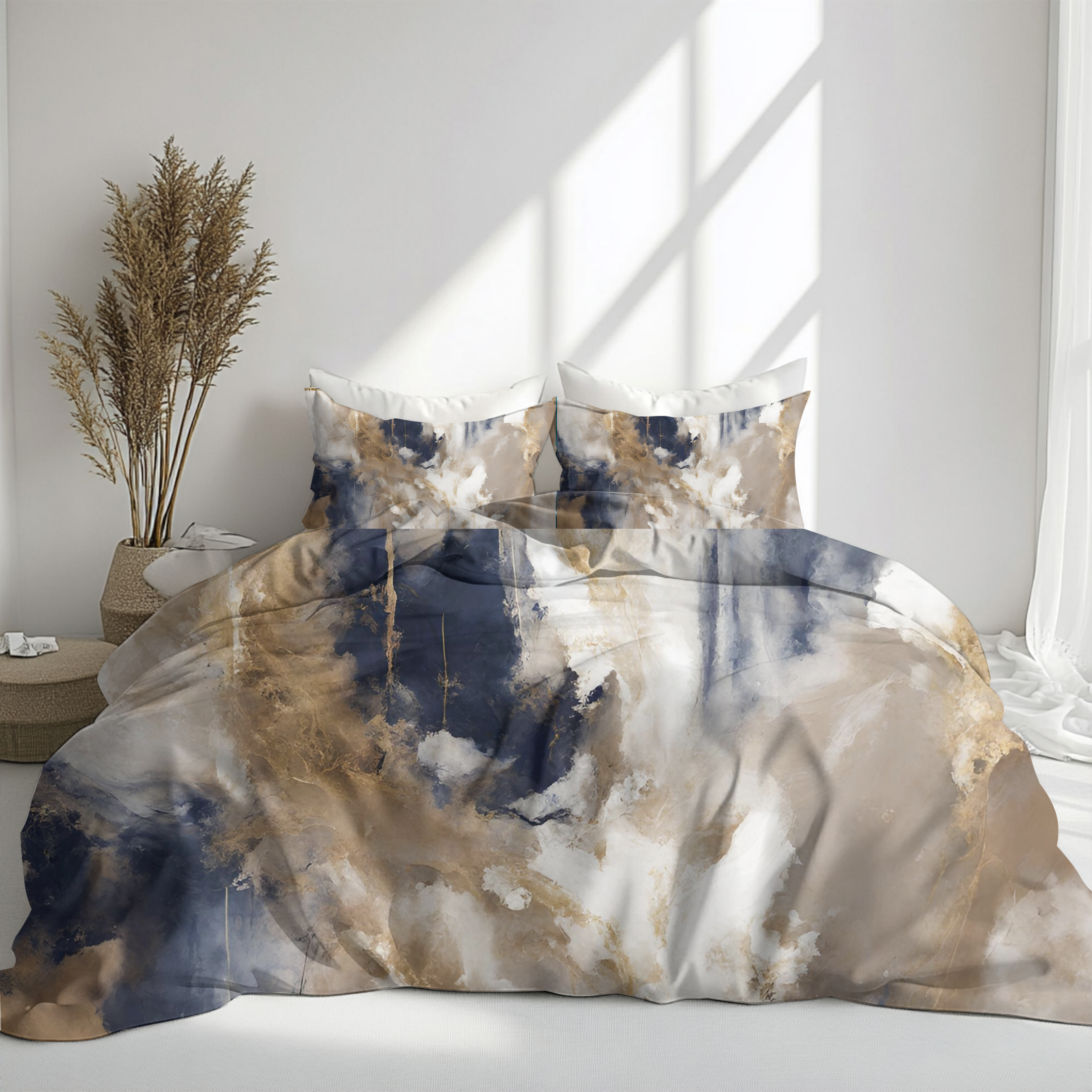 Abstract Duvet, Pillow Cover Set | Navy Blue Beige Bedroom Set