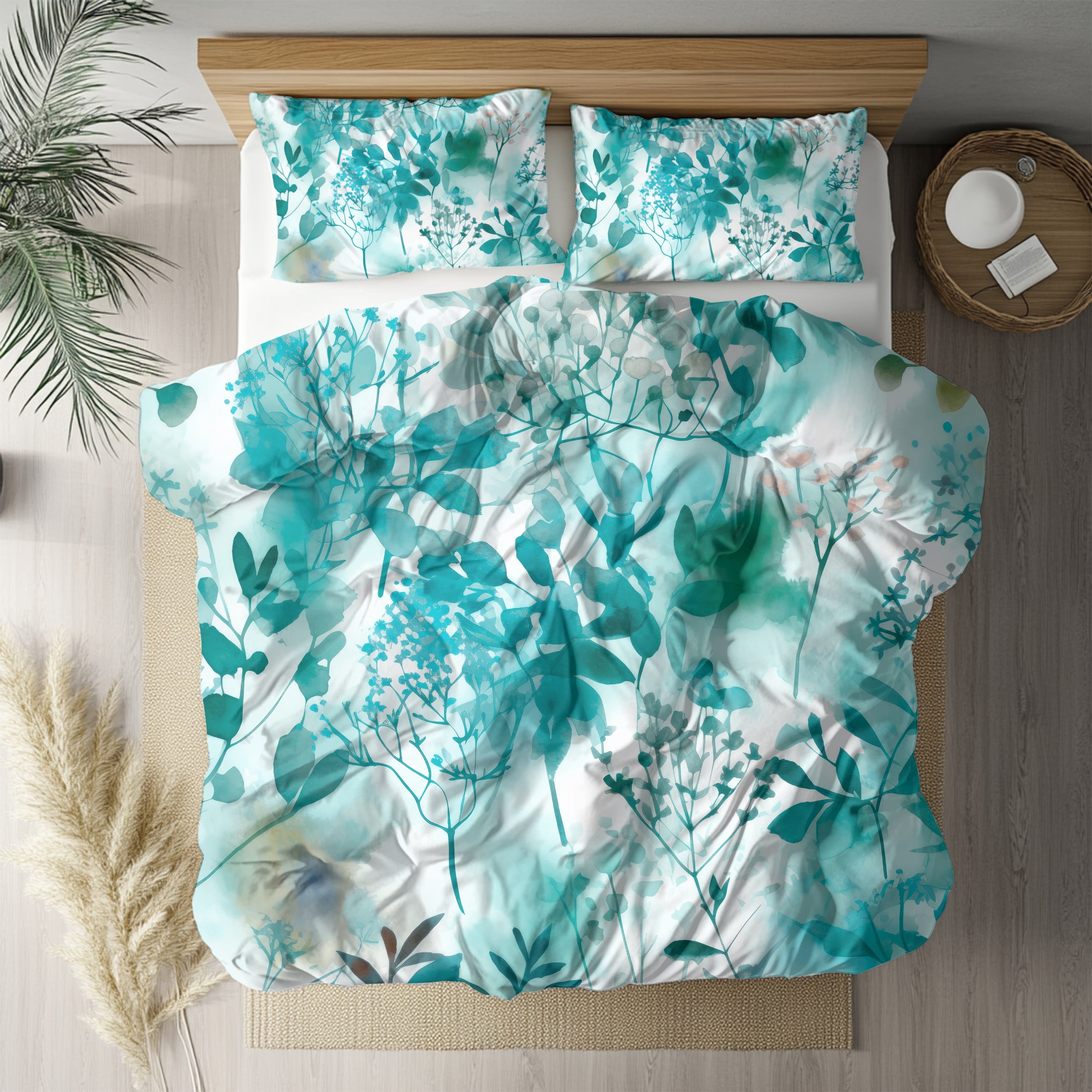 Floral Duvet, Pillow Cover | Teal White Wildflowers Bedroom Decor