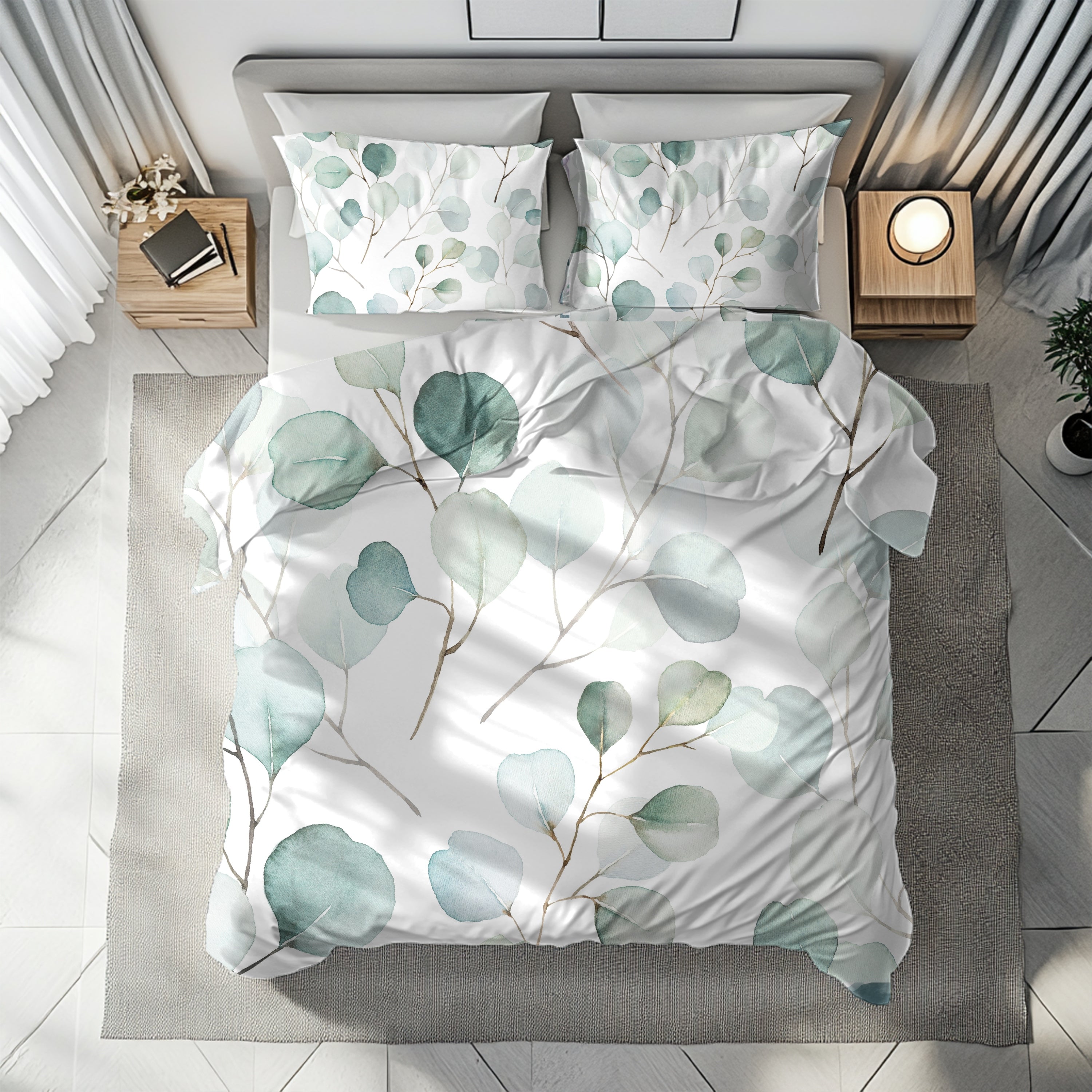 Floral Duvet, Pillow Cover Set | Sage Green Euclyptus Leaves Bedroom Set