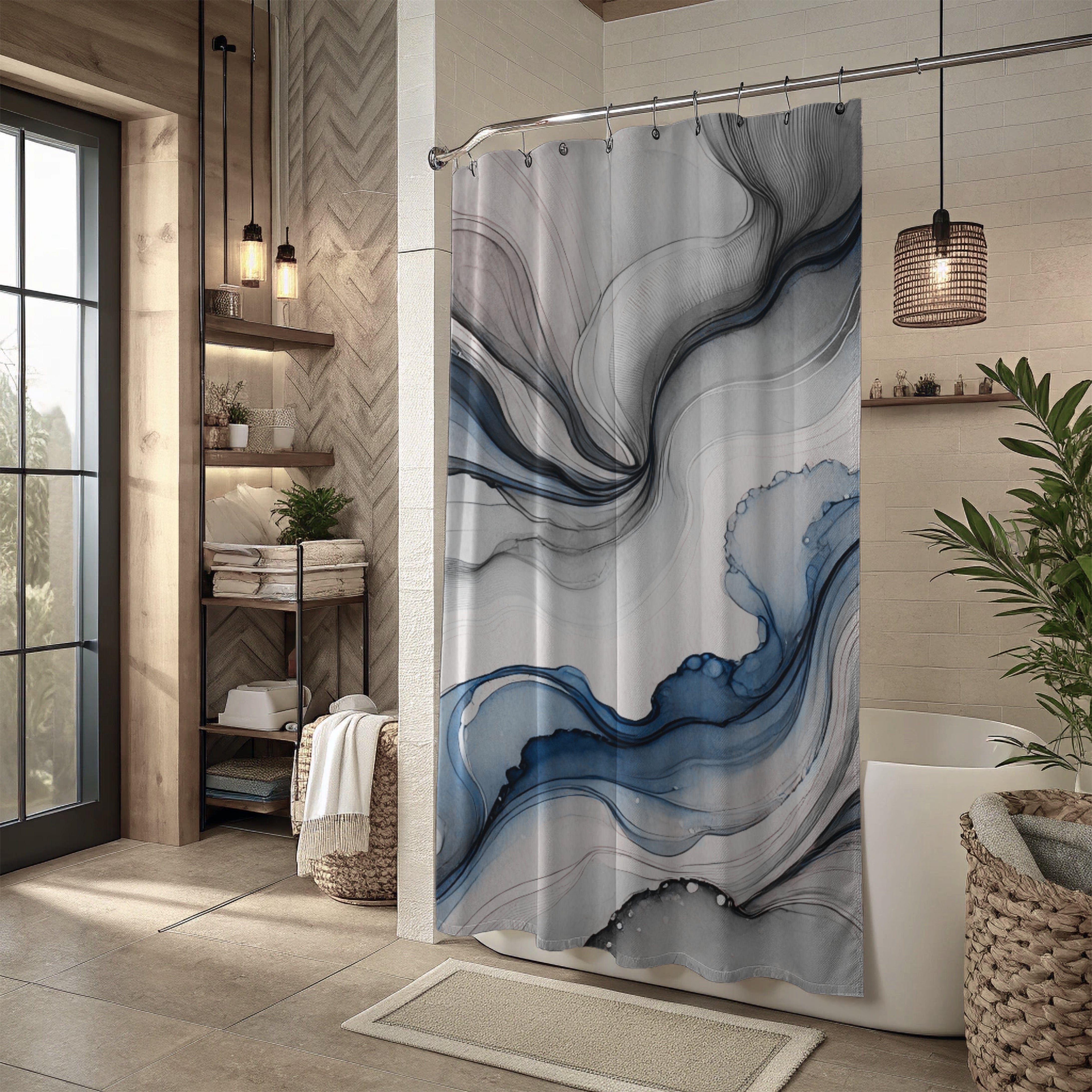 Abstract Watercolor Shower Curtain | Grey Blue Ombre Bathroom Decor
