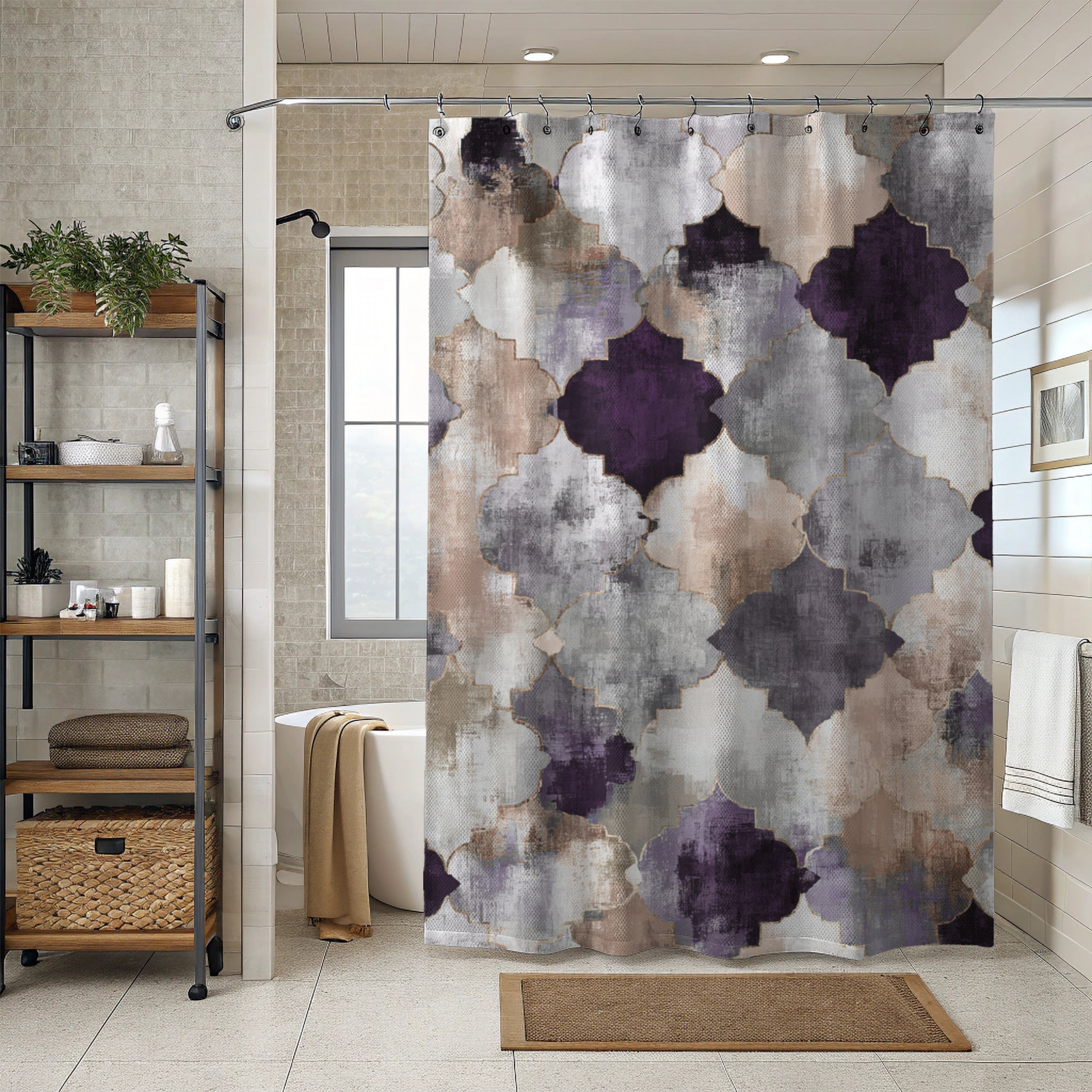 Rustic Moroccan Shower Curtain | Purple Grey Bathroom Decor