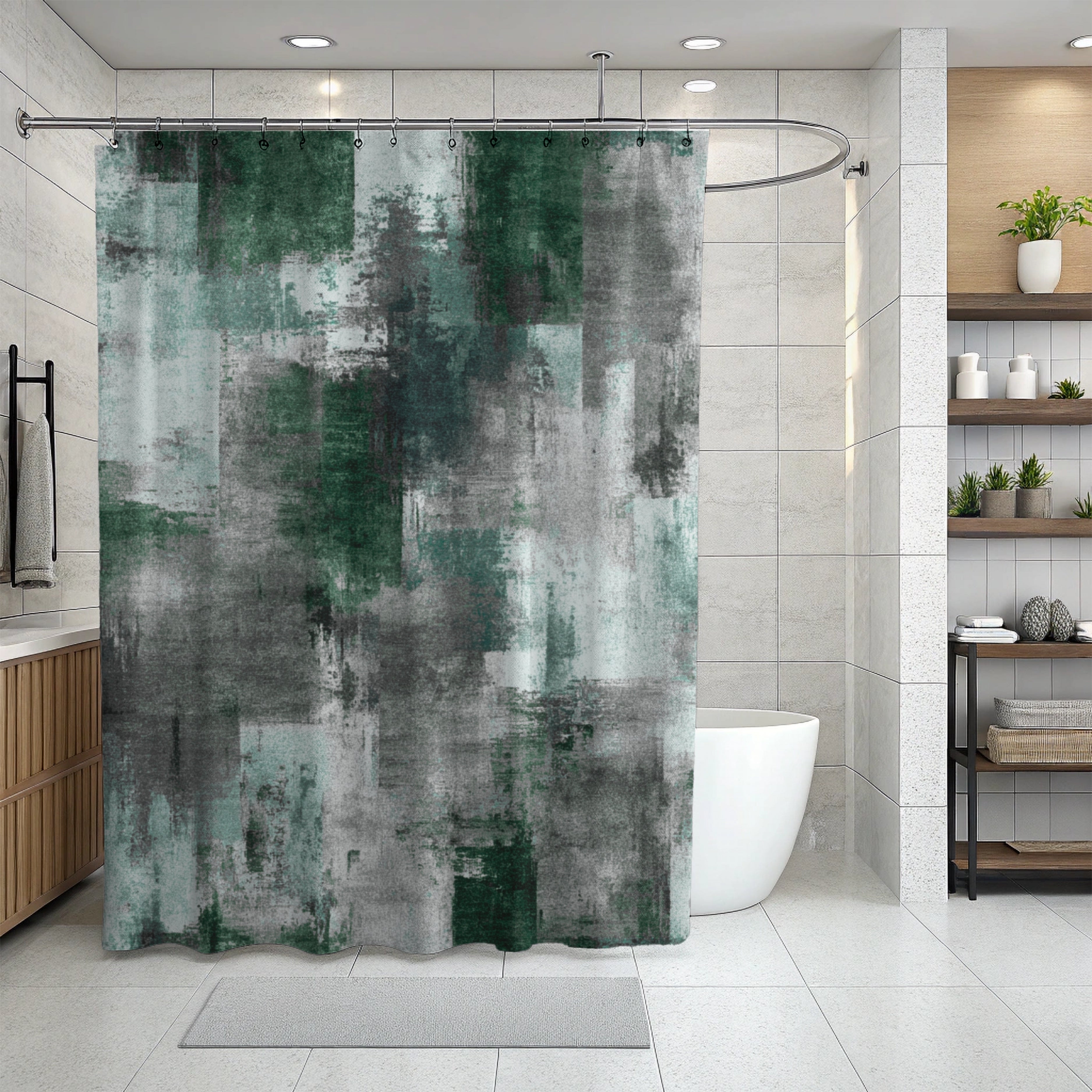 Green Shower Curtain | Flowy Fabric, Abstract Bathroom Decor