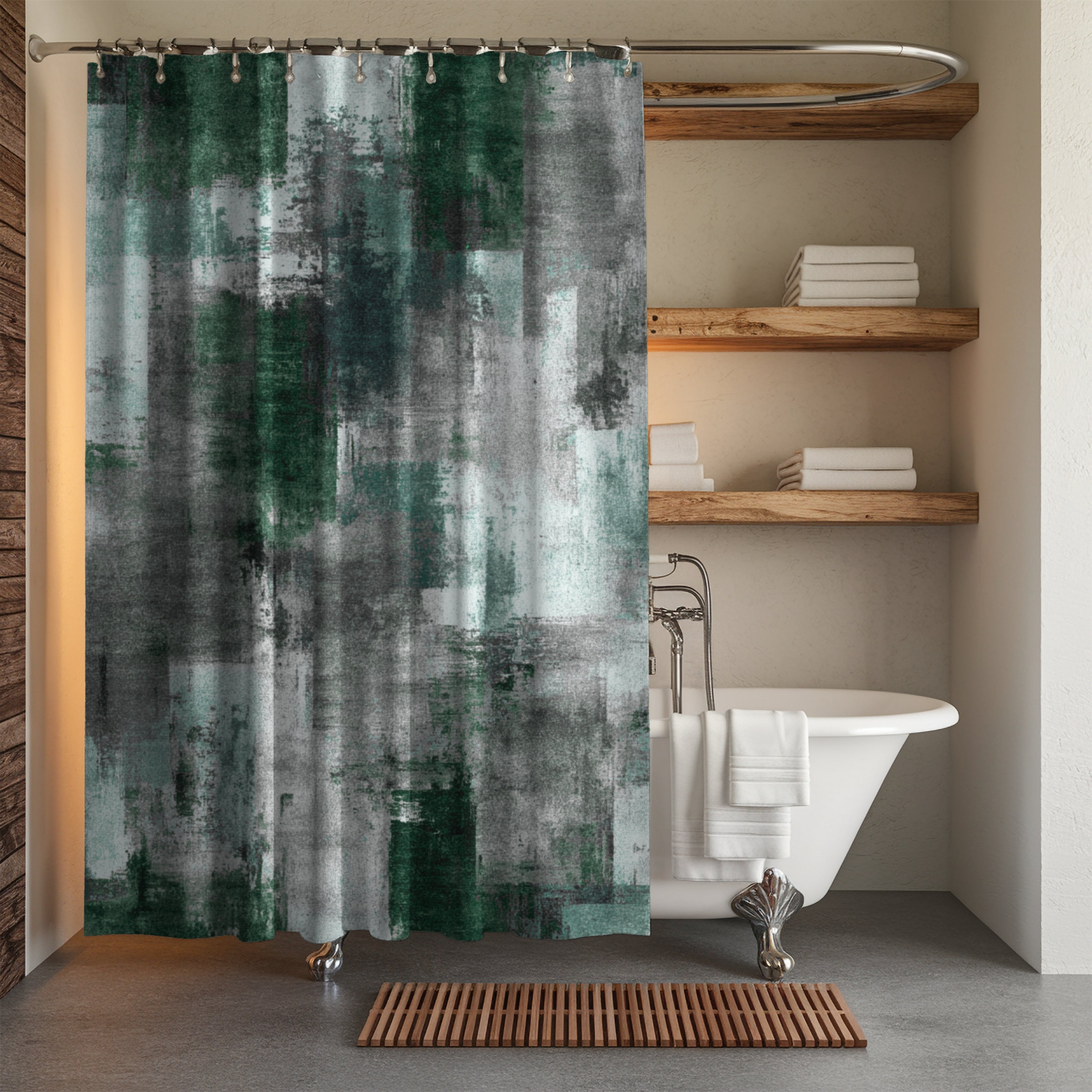Green Shower Curtain | Flowy Fabric, Abstract Bathroom Decor
