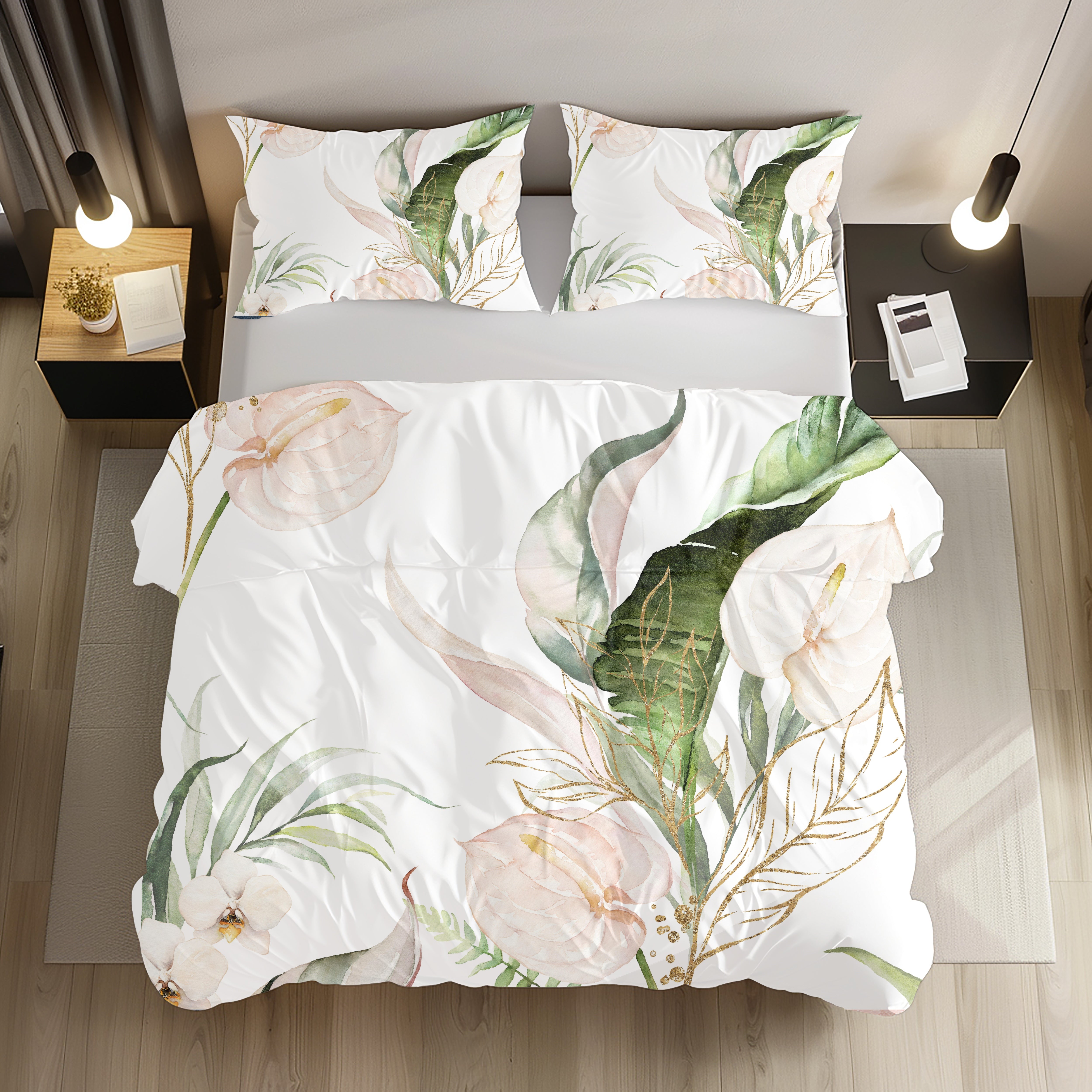 Floral Duvet, Pillow Cover | Green White Anthurium Bedroom Decor