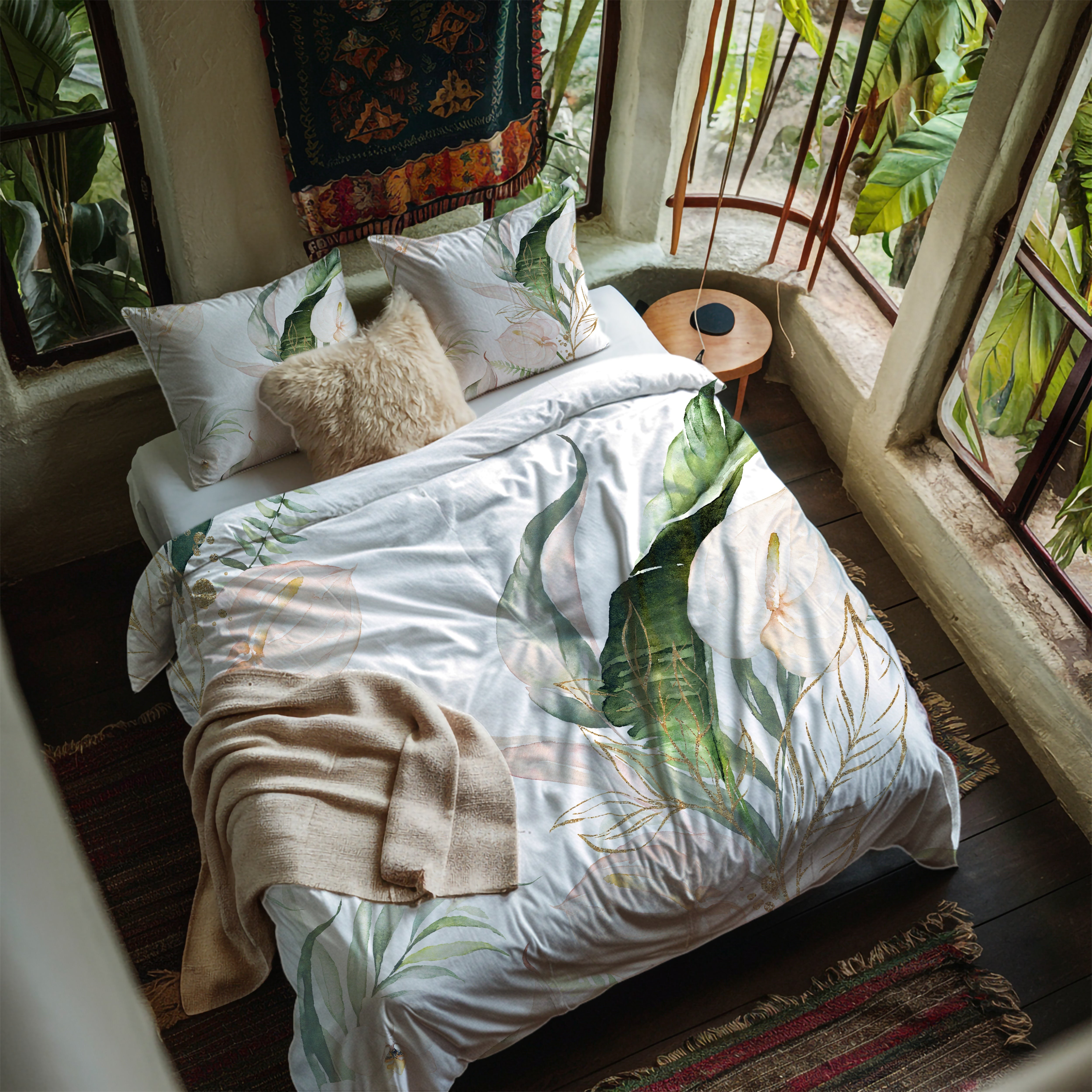 Floral Duvet, Pillow Cover | Green White Anthurium Bedroom Decor