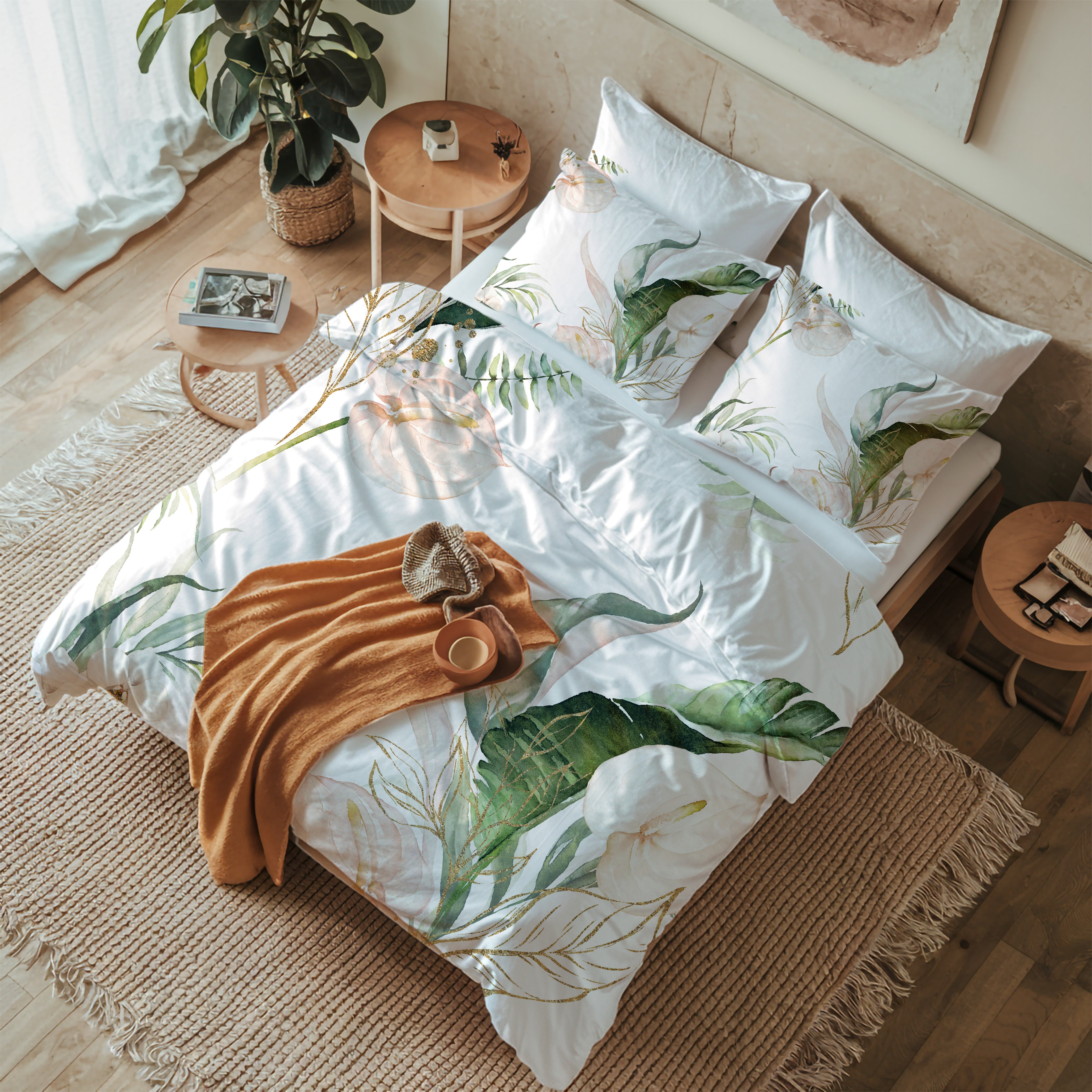 Floral Duvet, Pillow Cover | Green White Anthurium Bedroom Decor