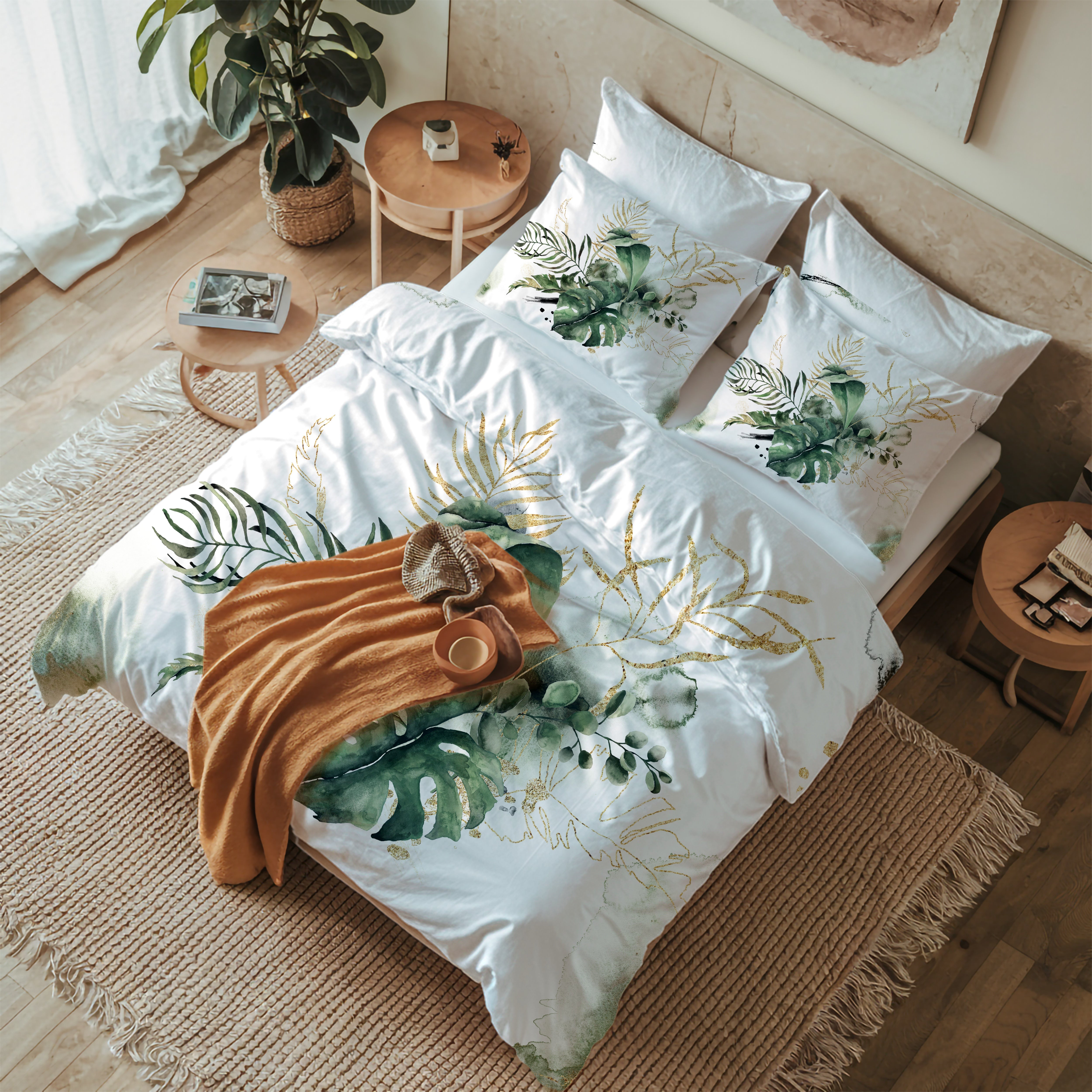 Jungle Floral Duvet, Pillow Cover | Sage Green White Monstera Bedroom Decor