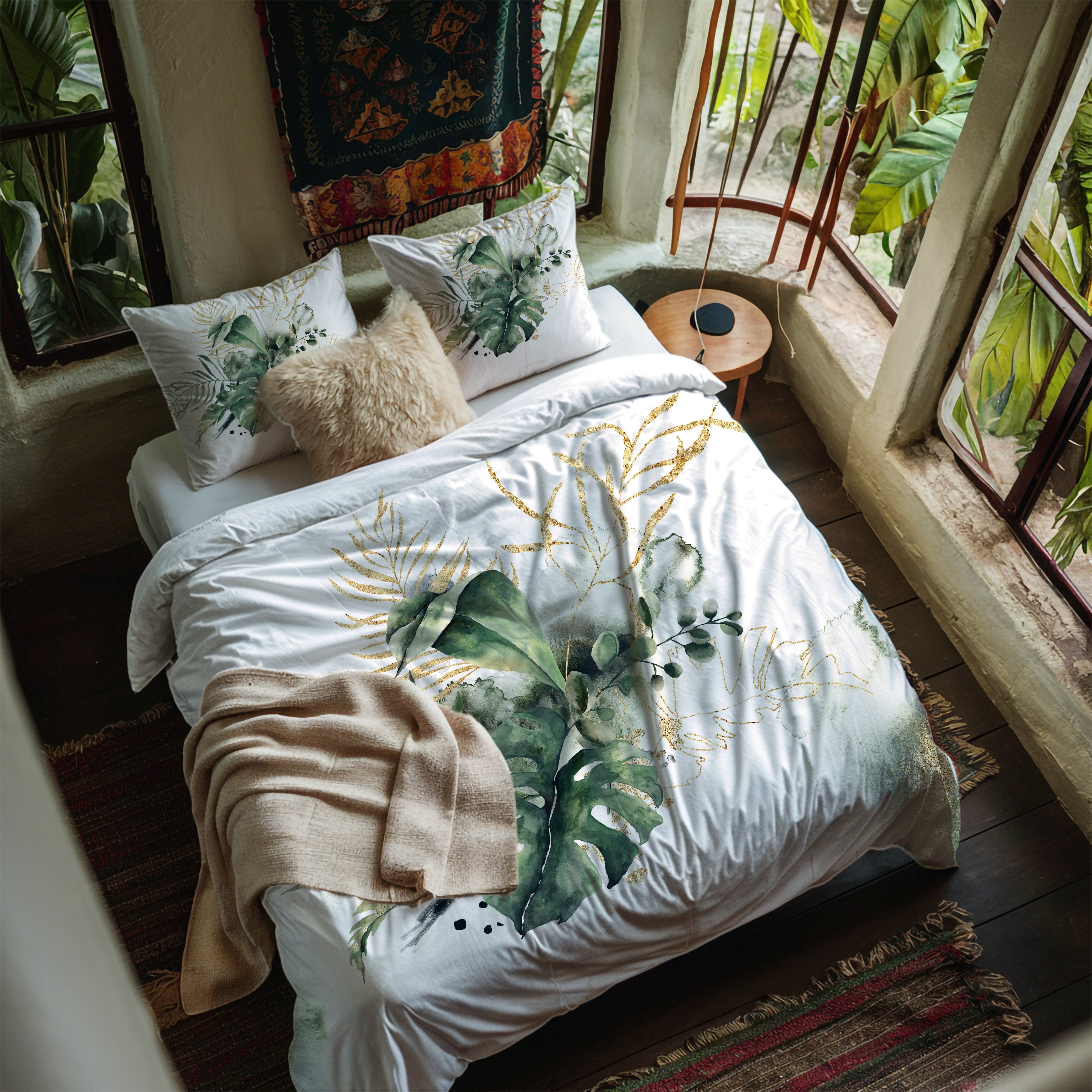 Jungle Floral Duvet, Pillow Cover | Sage Green White Monstera Bedroom Decor