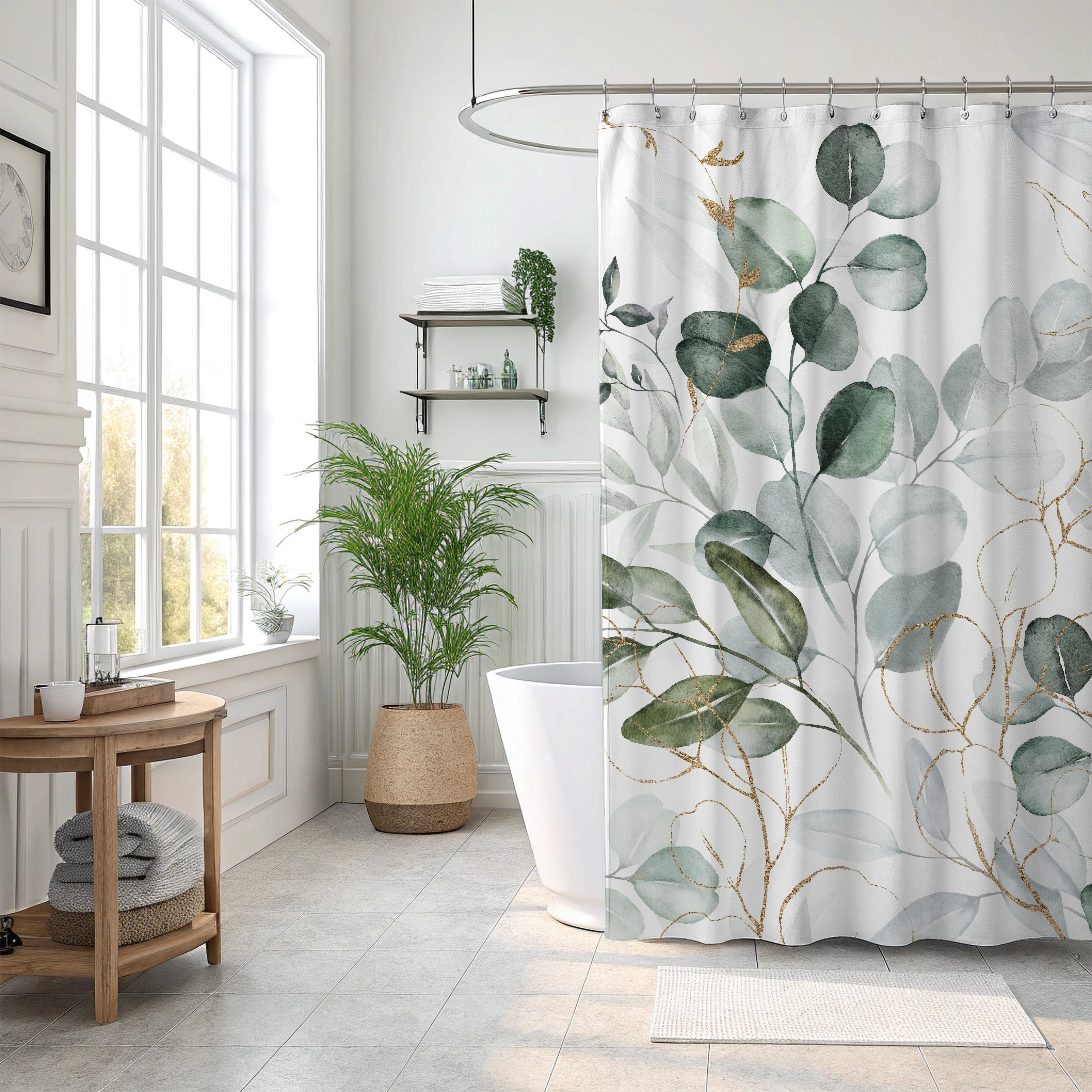 Sage Green White, Eucalyptus Leaves, Botanical Shower Curtain