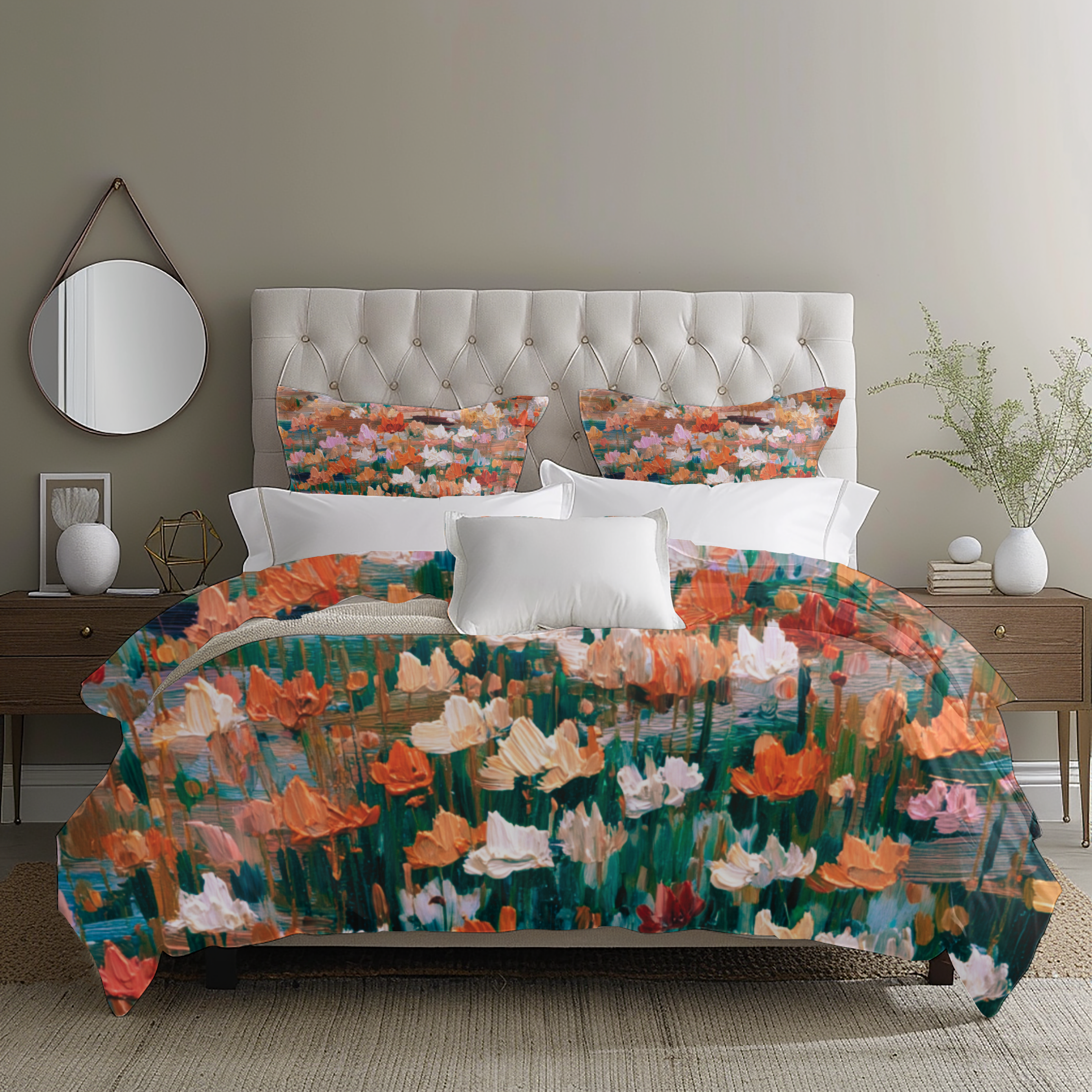 Floral Duvet, Pillow Cover | Orange Green Bedroom Decor