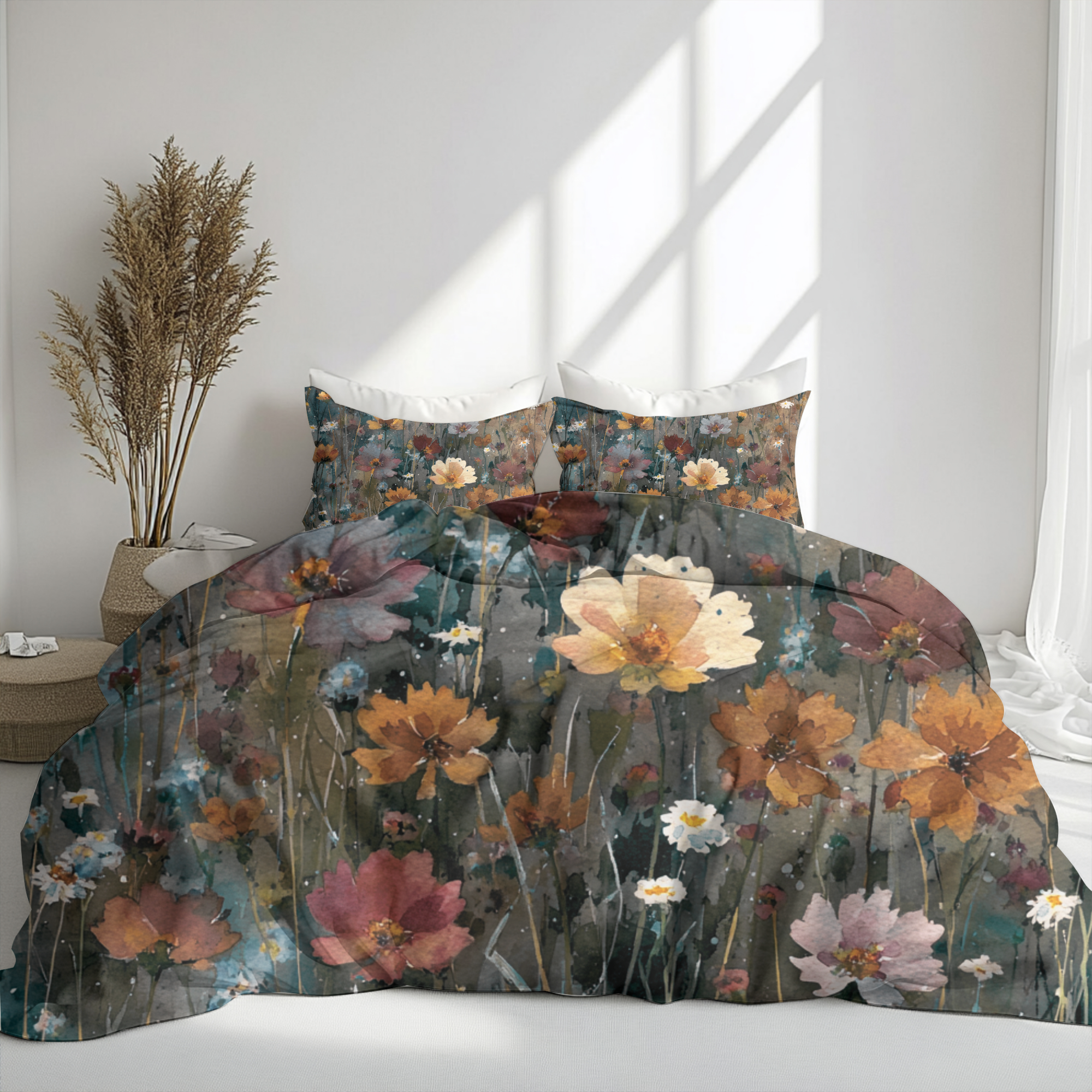 Floral Duvet, Pillow Cover | Teal Orange Bedroom Decor
