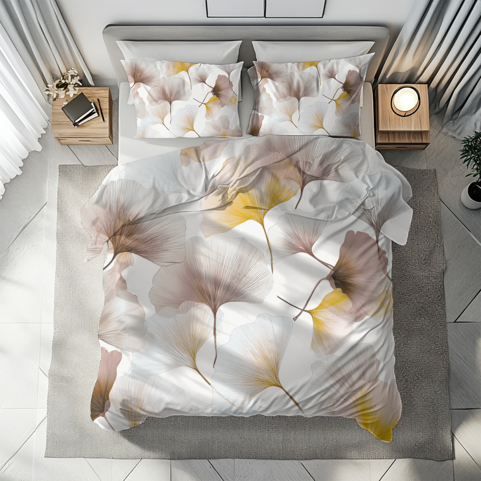 White and yellow floral duvet cover, pattern detail view