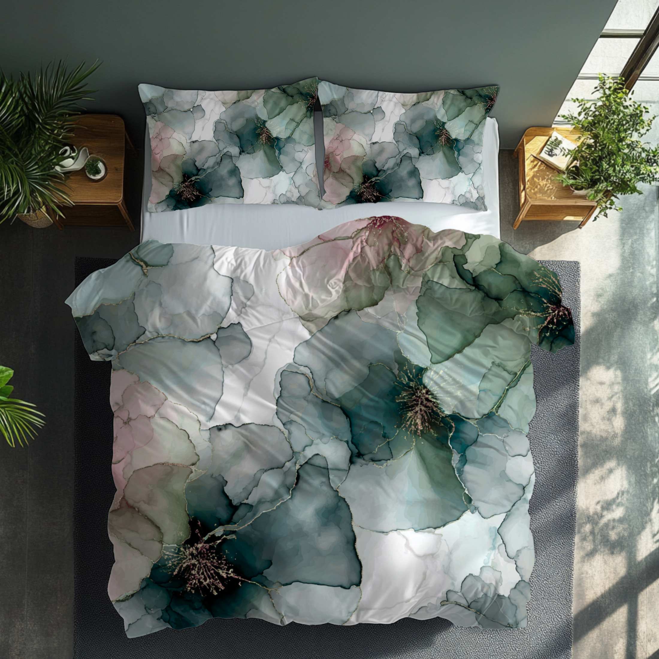 Floral Duvet, Pillow Cover | Green Pink Bedroom Decor