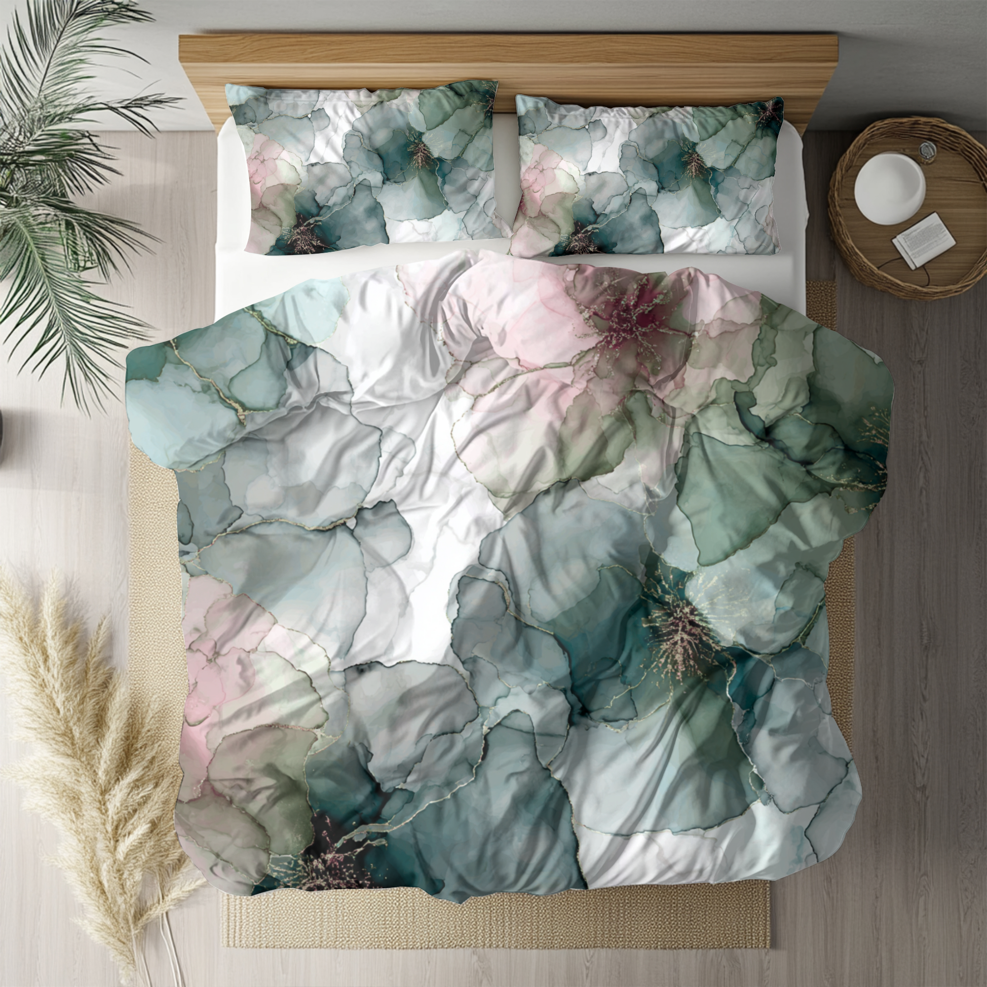 Floral Duvet, Pillow Cover | Green Pink Bedroom Decor