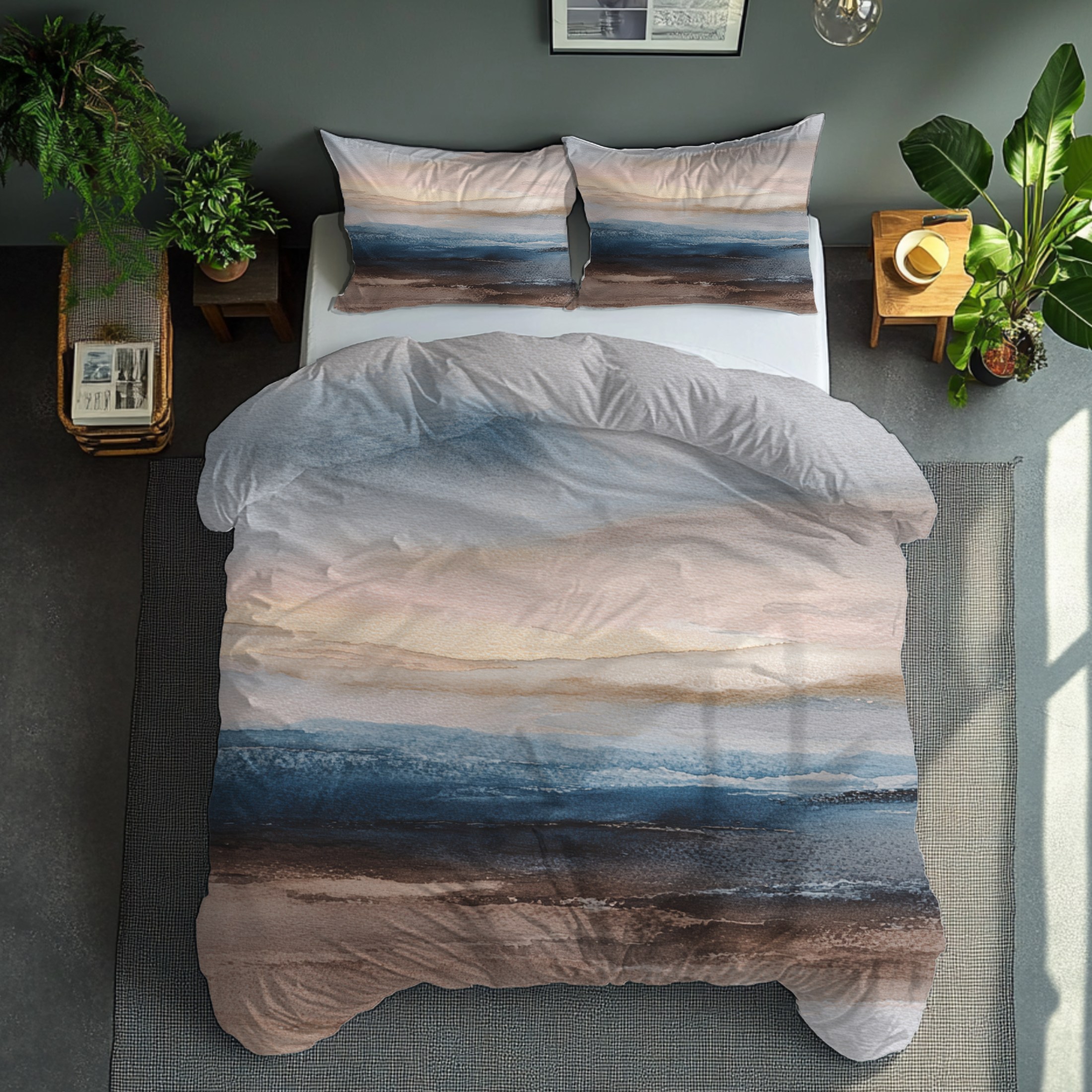 Modern Abstract Duvet, Pillow Cover | Blue Beige Bedroom Decor