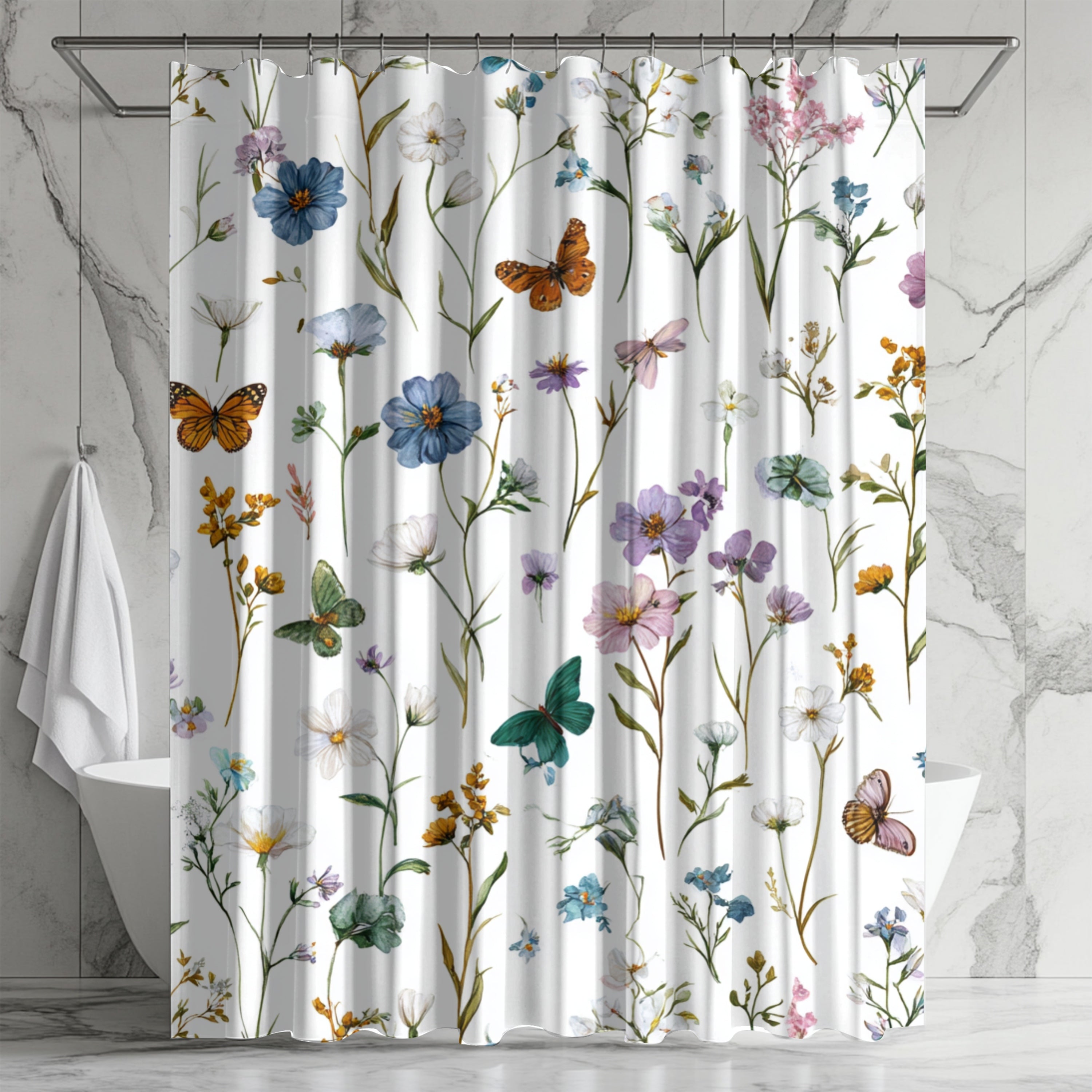 Floral Shower Curtain |  Garden, Butterflies, Spa Bathroom Decor