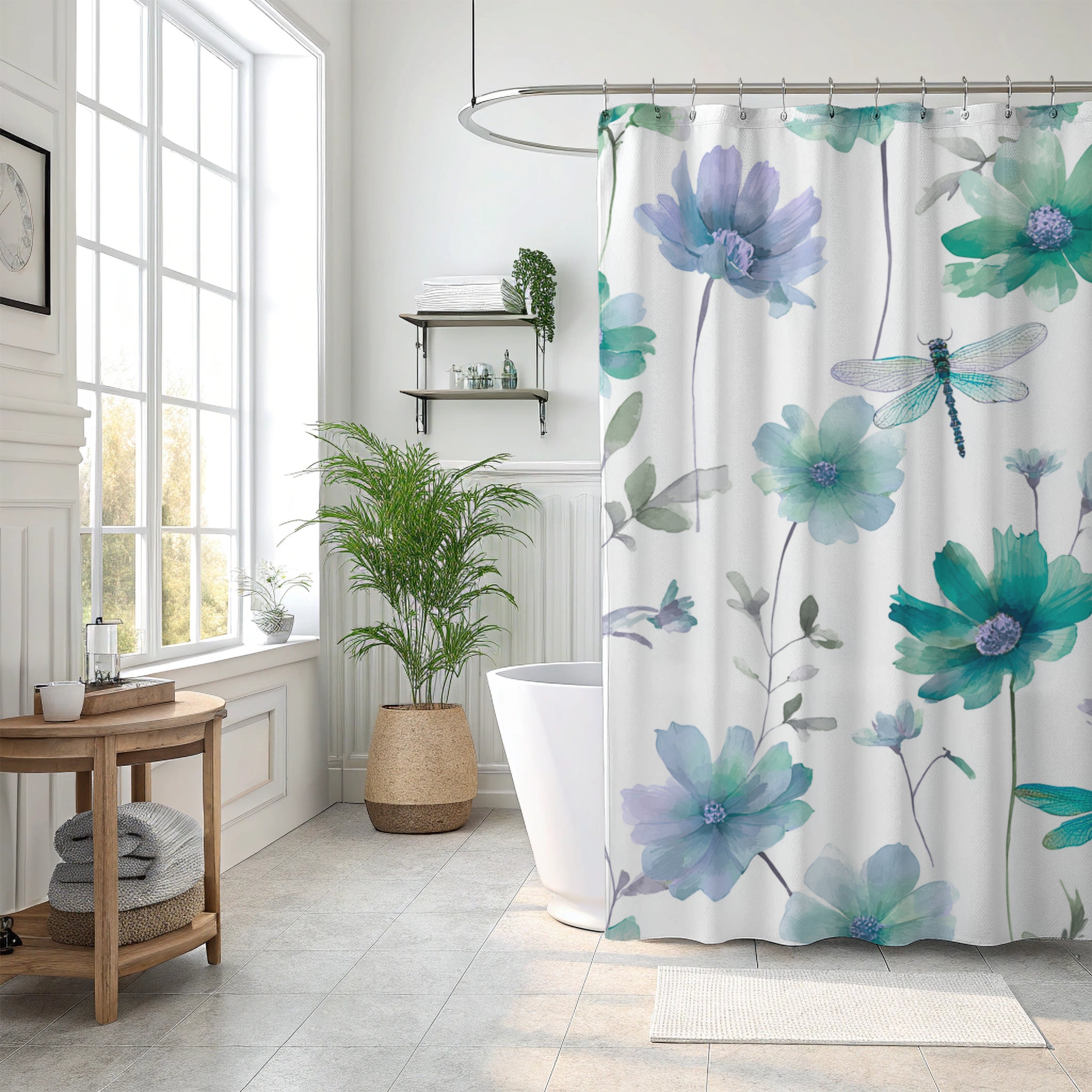 Floral Shower Curtain |  Garden, Dragonfly, Spa Bathroom Decor