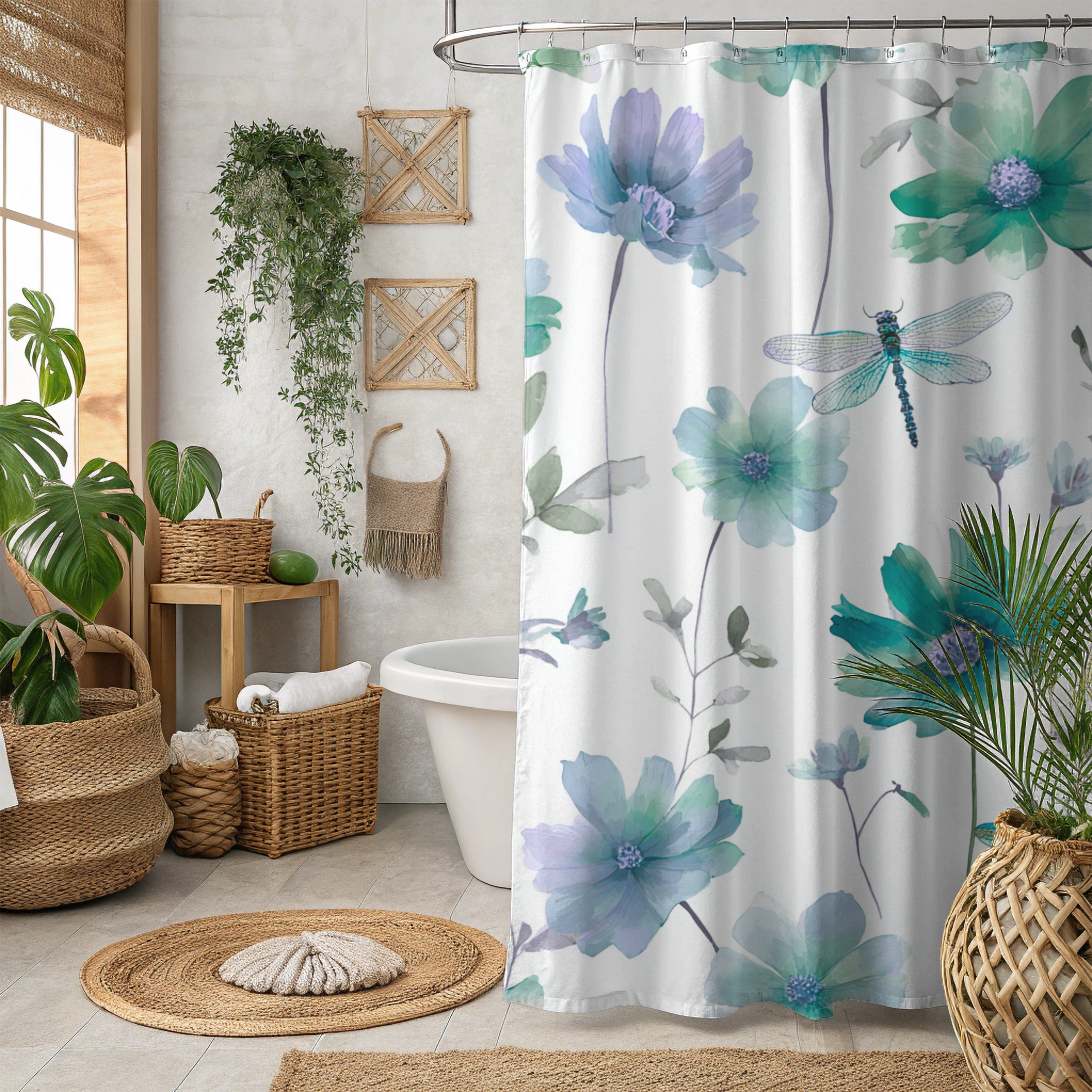 Floral Shower Curtain |  Garden, Dragonfly, Spa Bathroom Decor