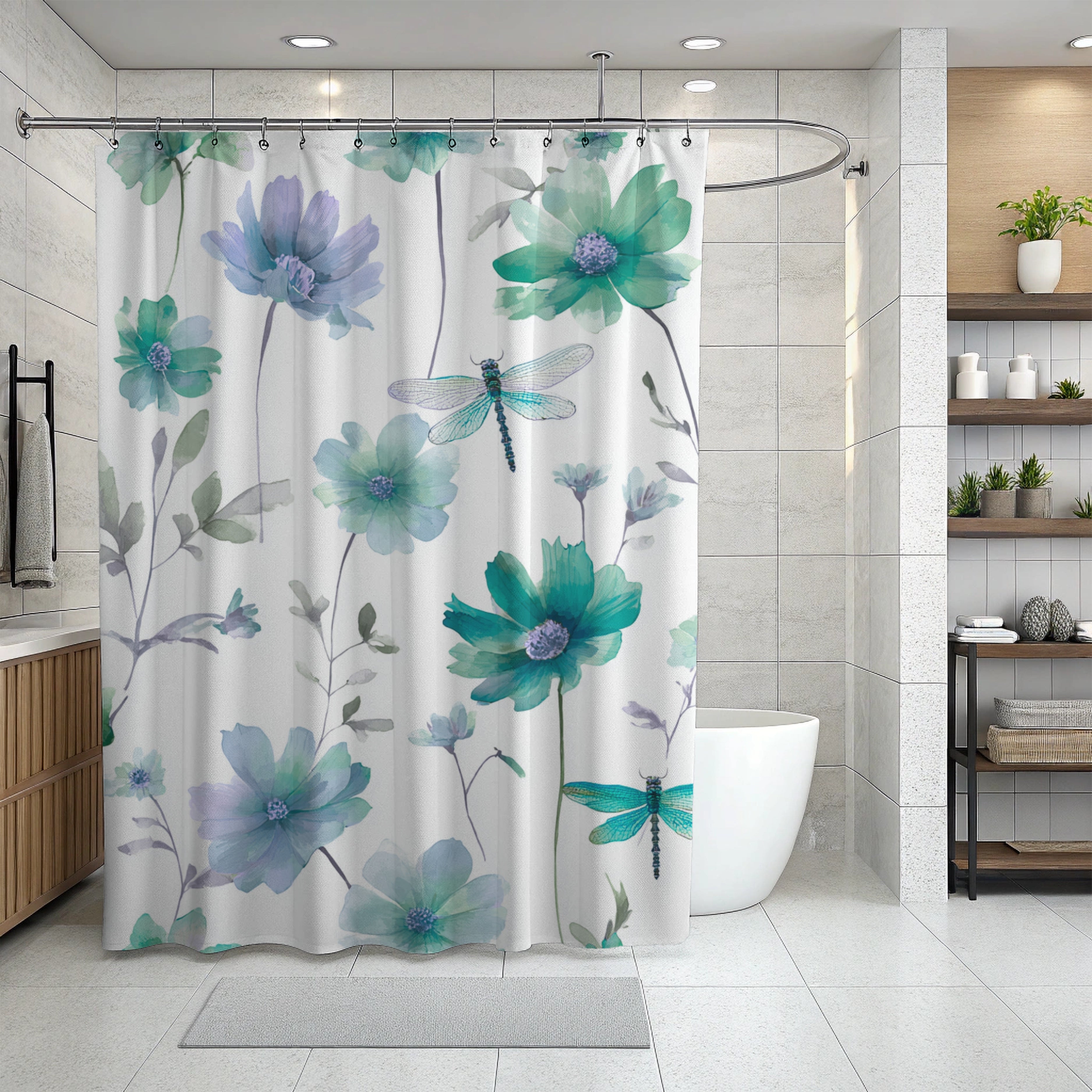 Floral Shower Curtain |  Garden, Dragonfly, Spa Bathroom Decor