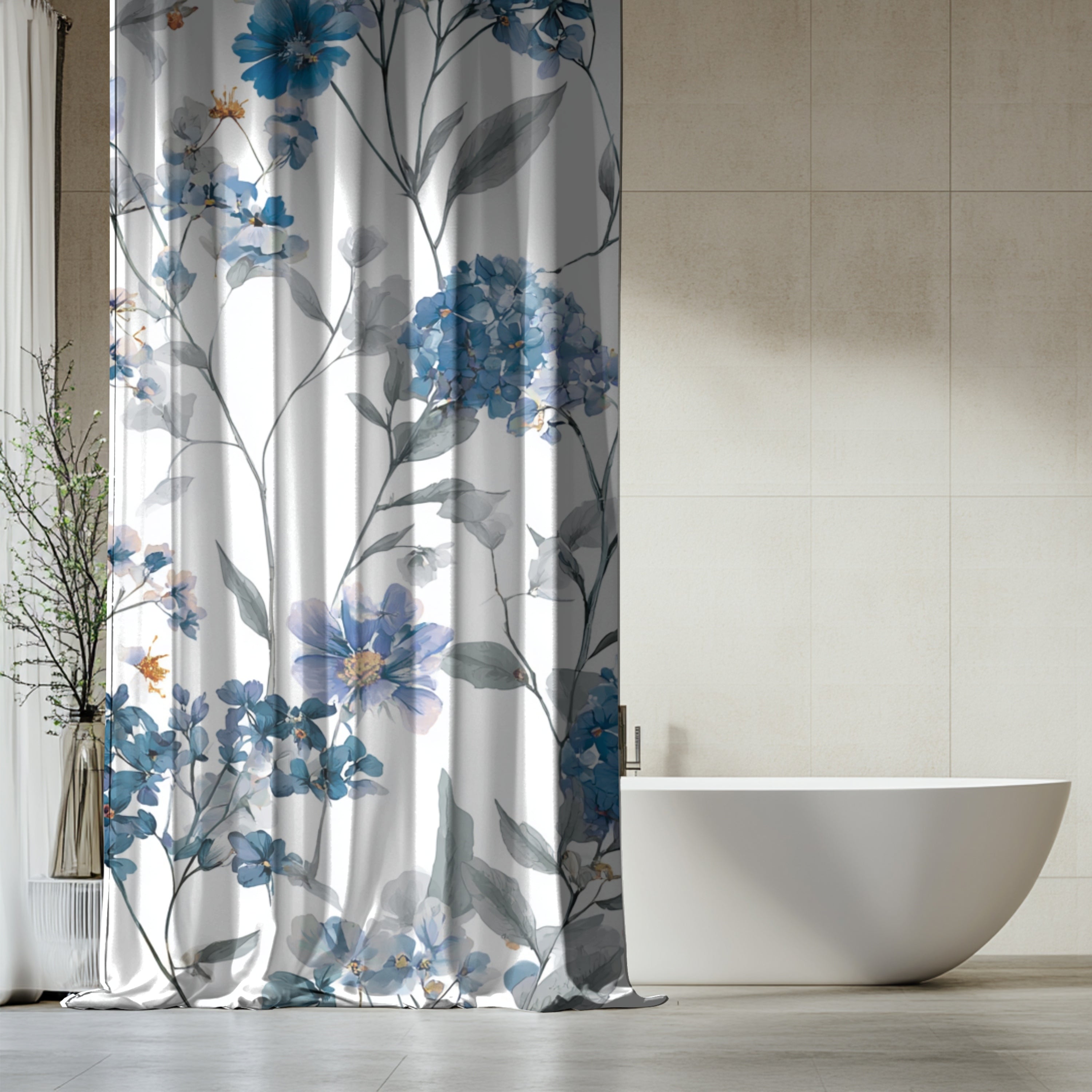 a modern bathroom with a white bathtub and a floral patterned shower curtain.
