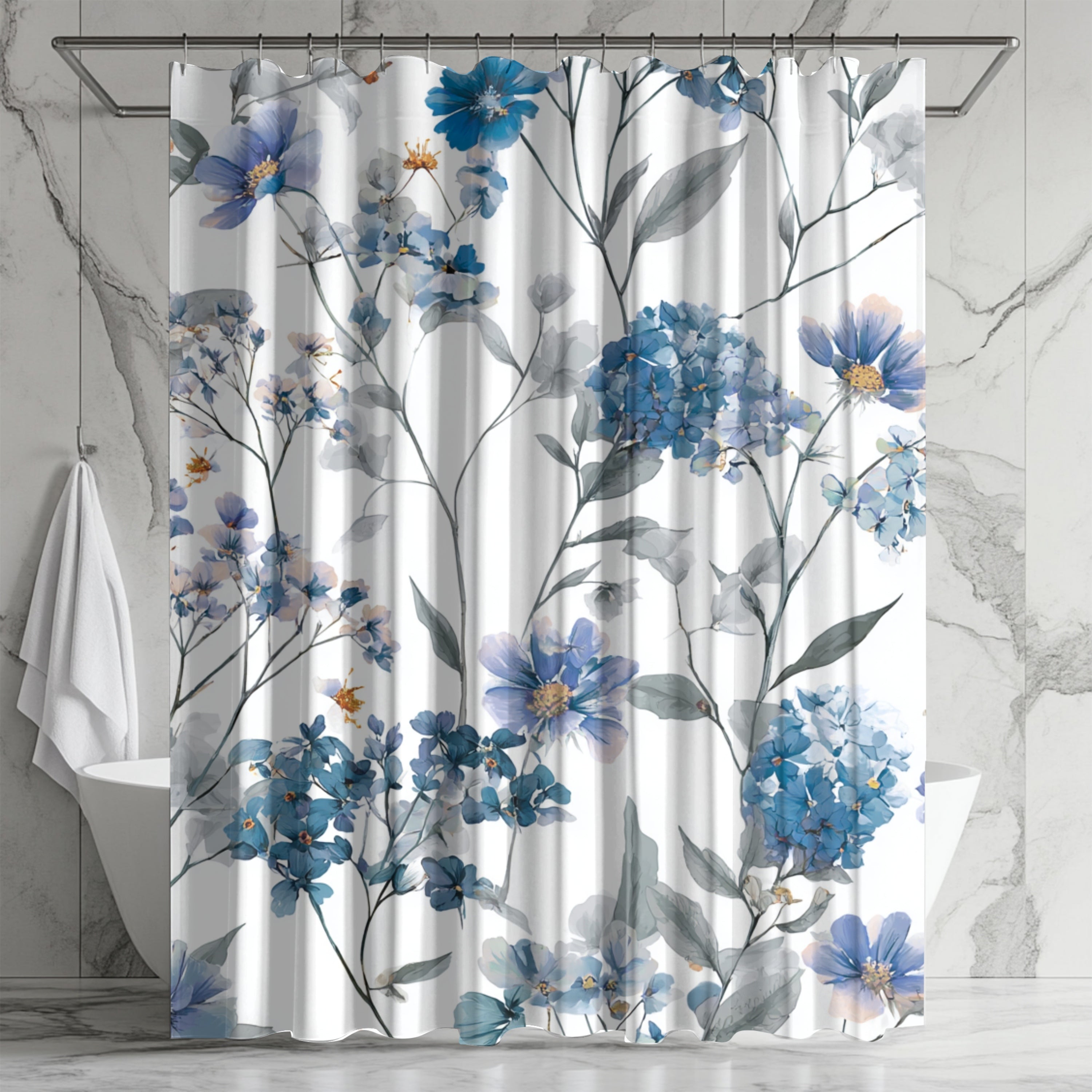 a shower curtain with a floral pattern of blue flowers and leaves.